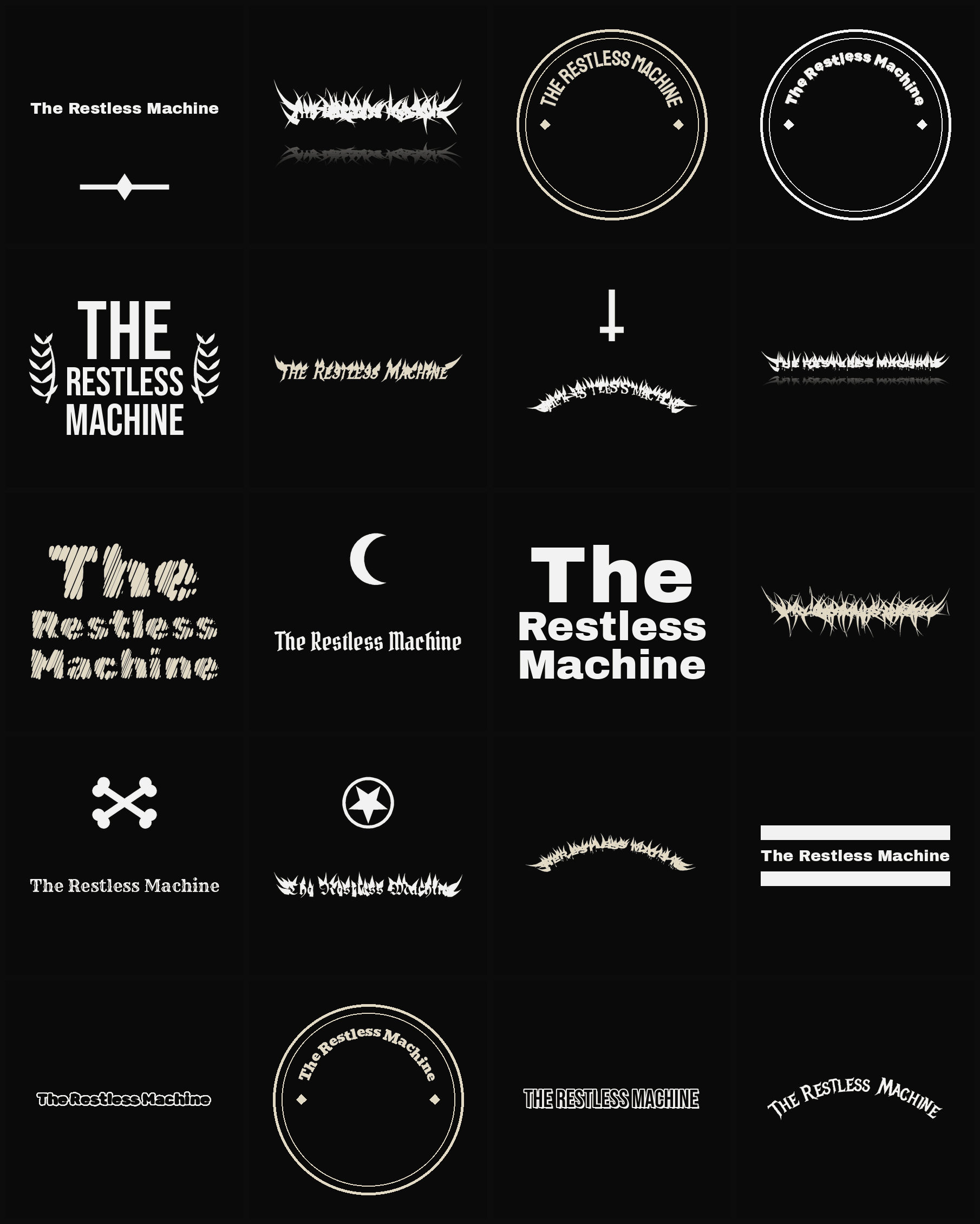 Twenty The Restless Machine band logo ideas — different faces, treatments and spike settings