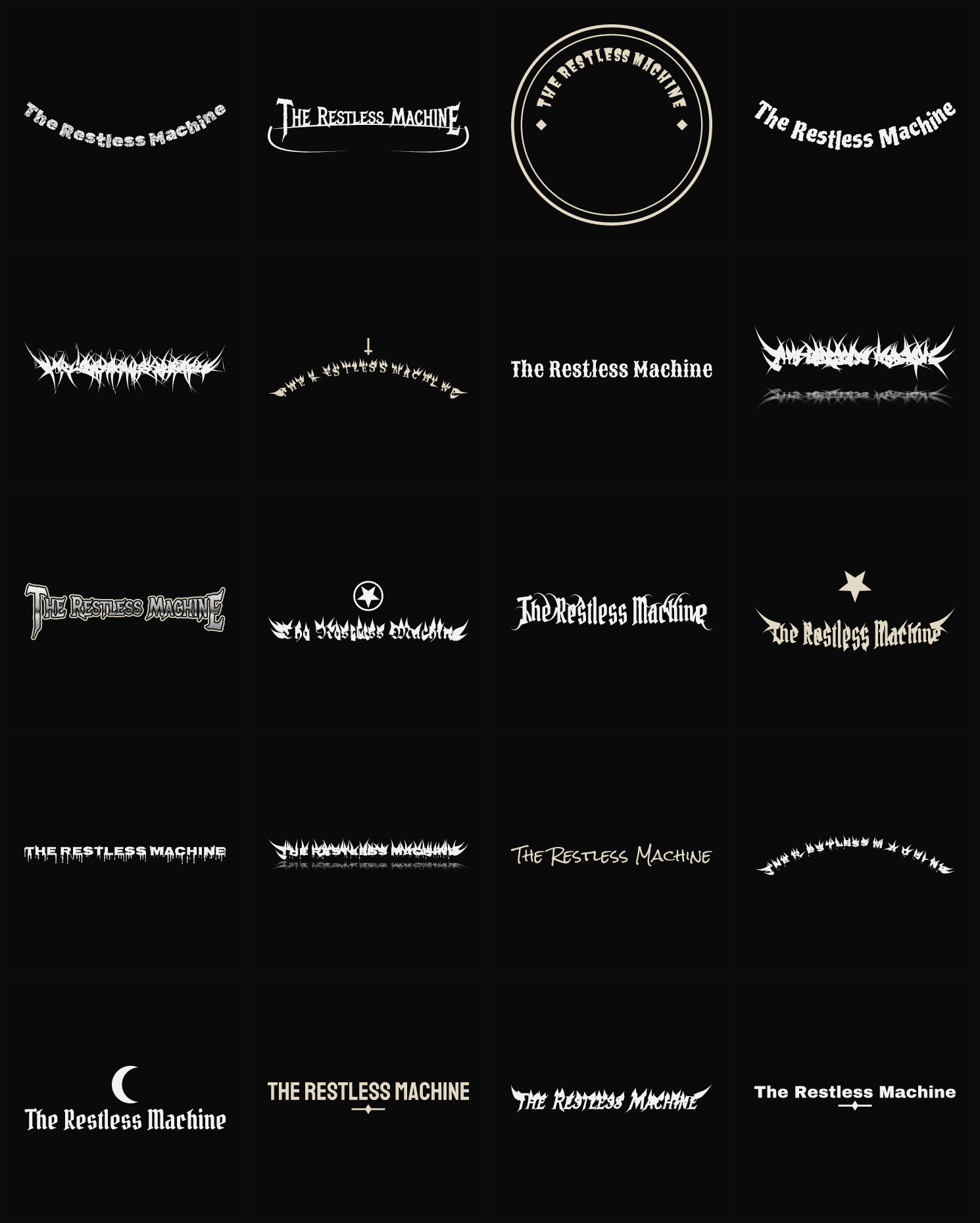 Twenty The Restless Machine band logo ideas — different faces, treatments and spike settings