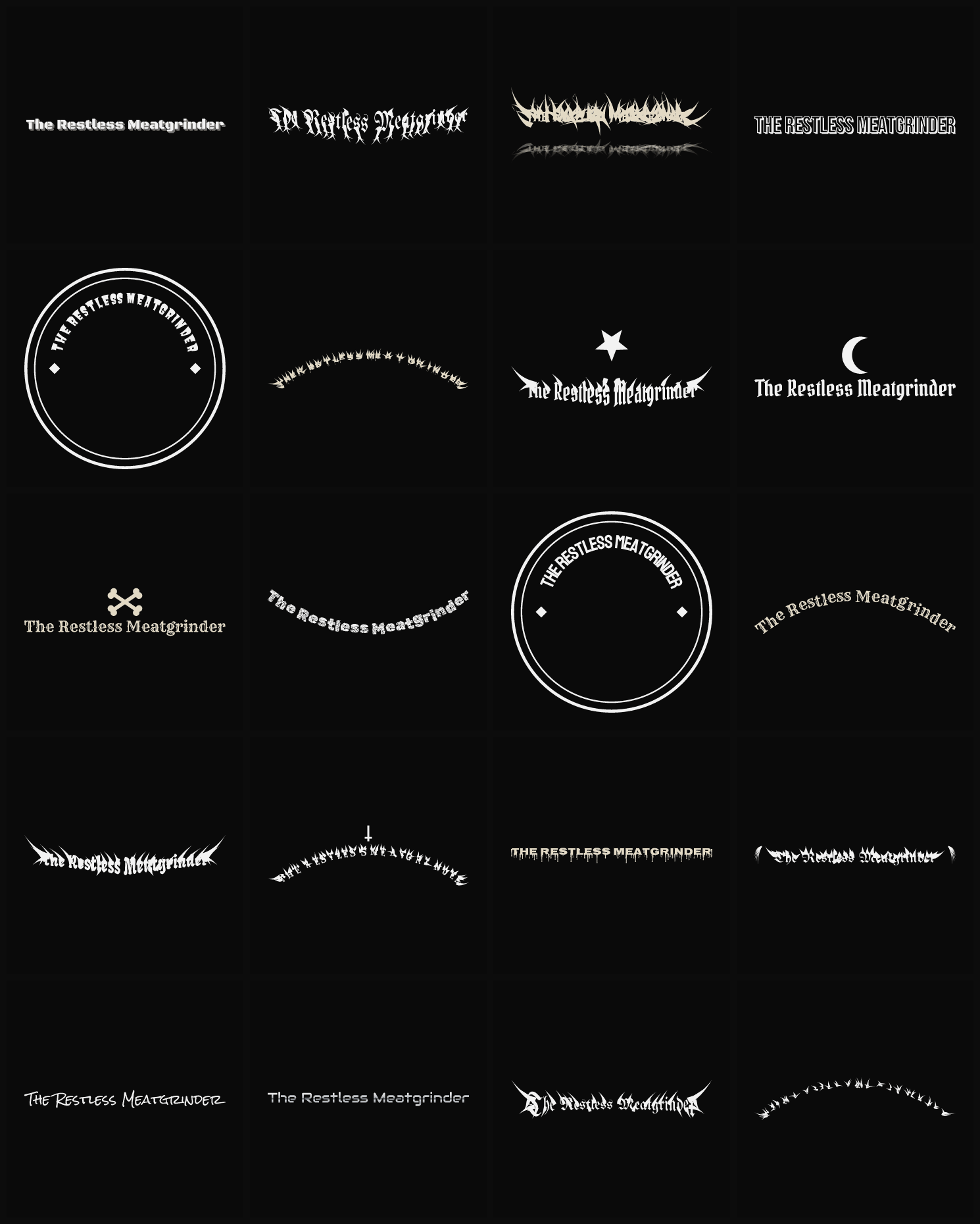 Twenty The Restless Meatgrinder band logo ideas — different faces, treatments and spike settings