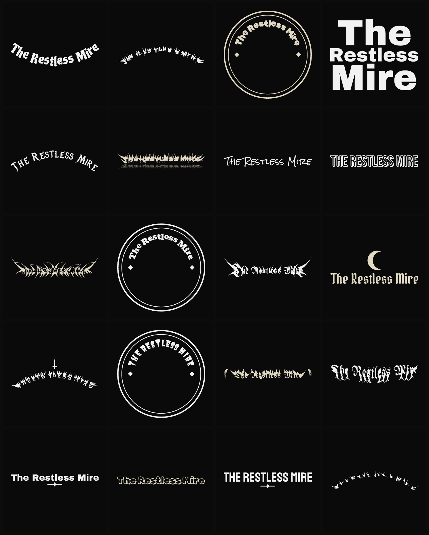 Twenty The Restless Mire band logo ideas — different faces, treatments and spike settings