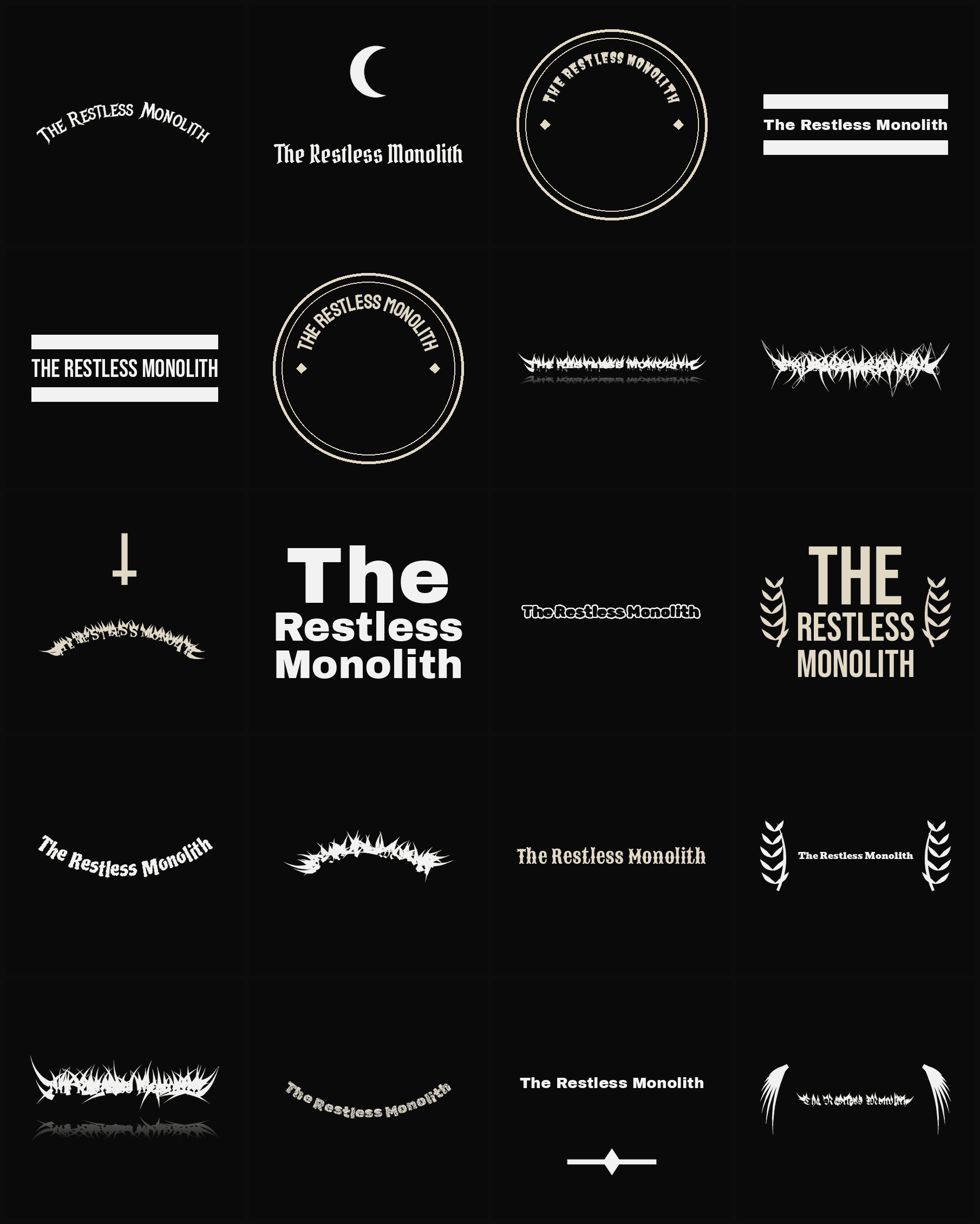 Twenty The Restless Monolith band logo ideas — different faces, treatments and spike settings