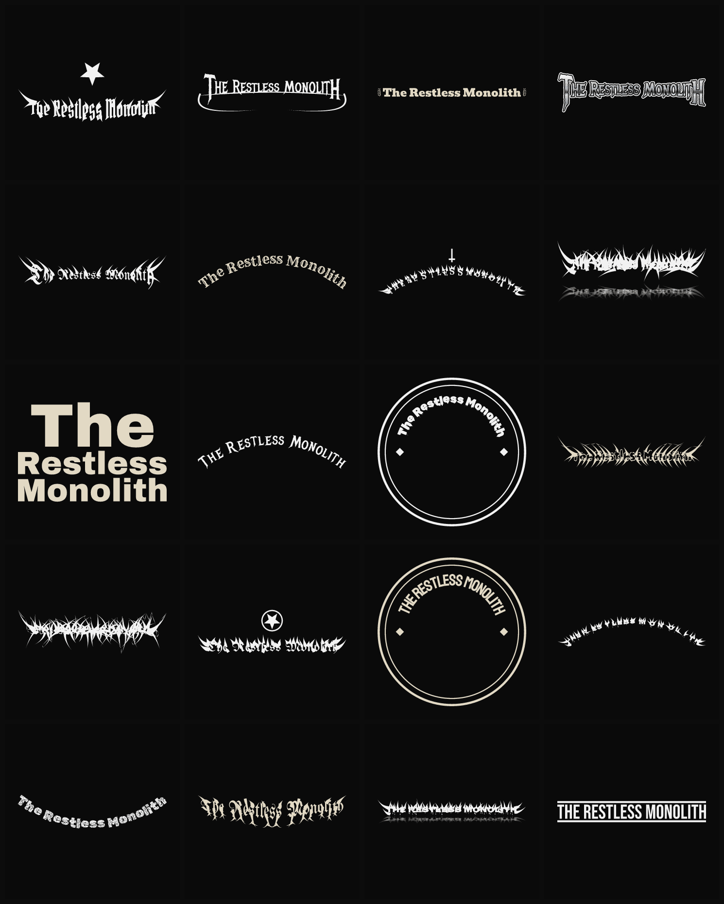 Twenty The Restless Monolith band logo ideas — different faces, treatments and spike settings