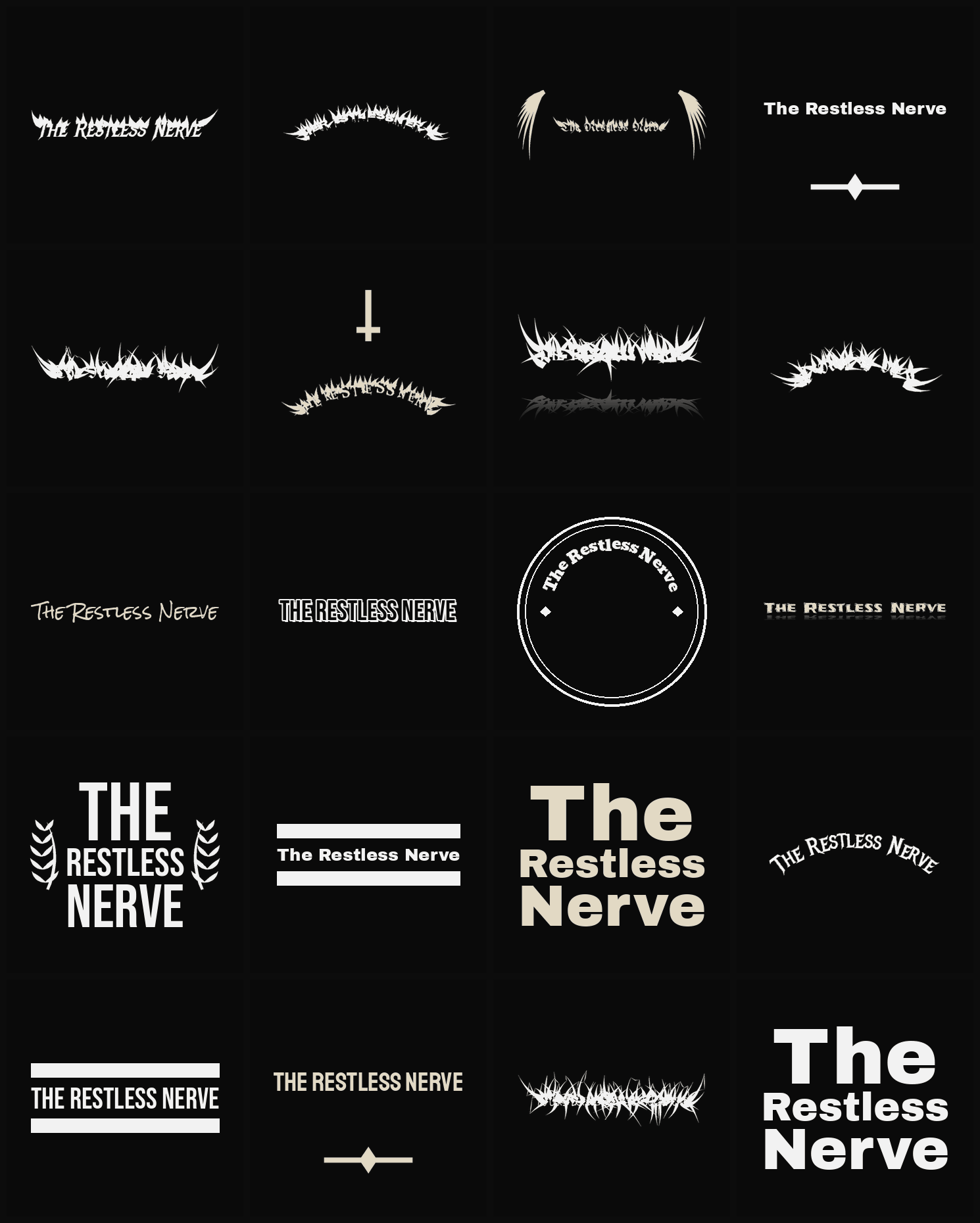 Twenty The Restless Nerve band logo ideas — different faces, treatments and spike settings