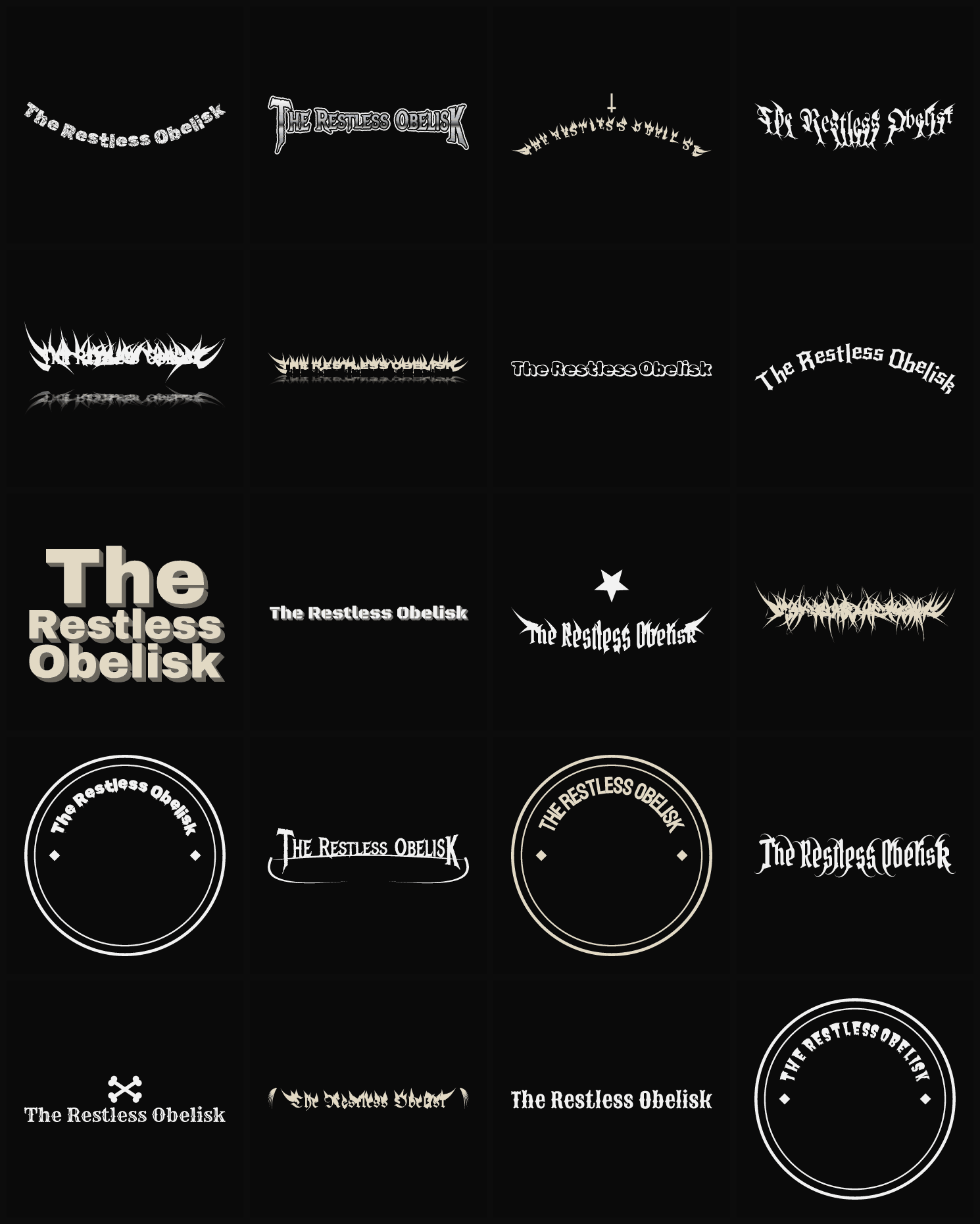 Twenty The Restless Obelisk band logo ideas — different faces, treatments and spike settings
