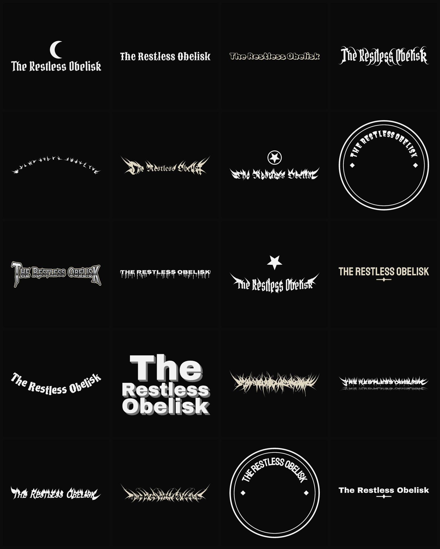 Twenty The Restless Obelisk band logo ideas — different faces, treatments and spike settings