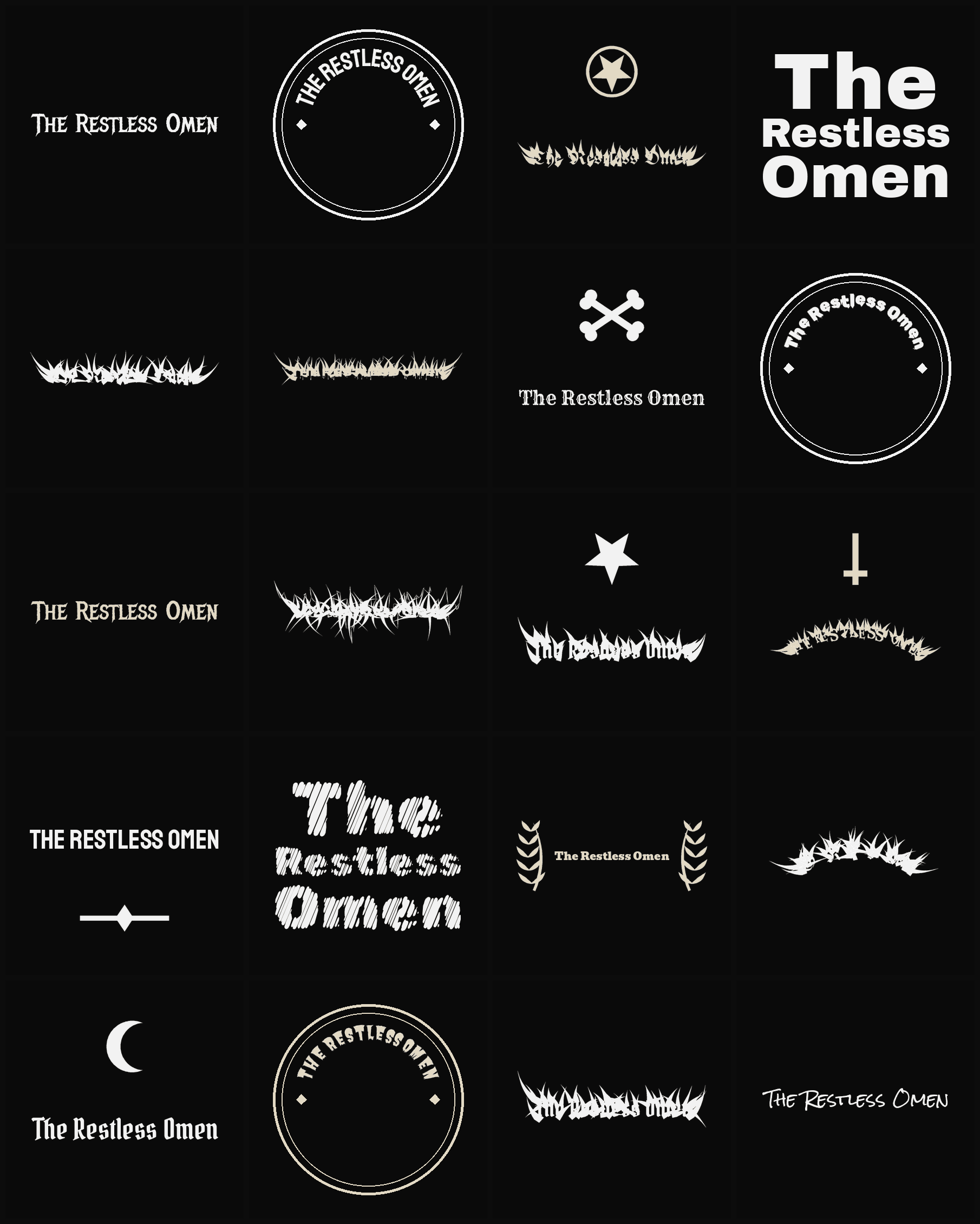 Twenty The Restless Omen band logo ideas — different faces, treatments and spike settings