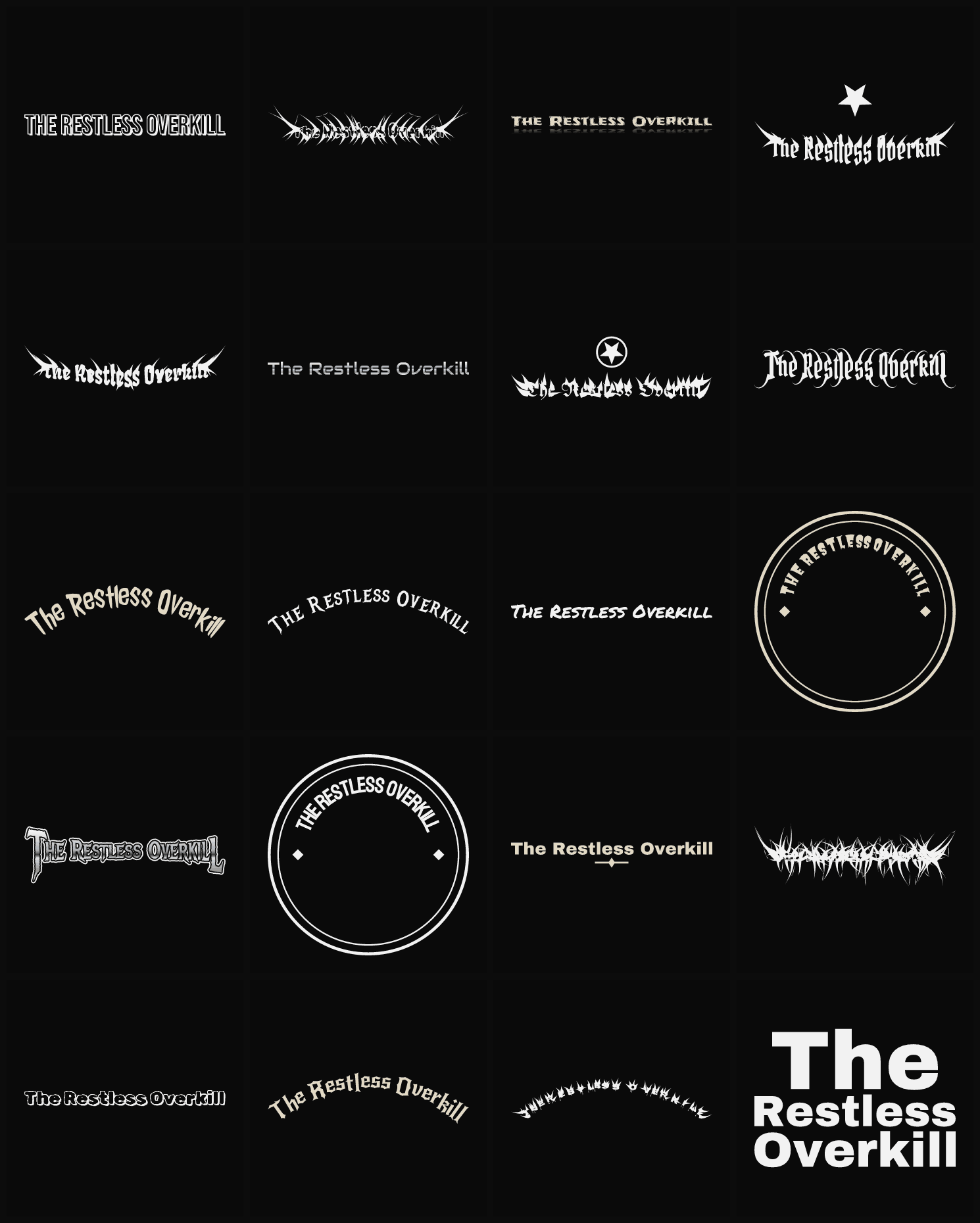 Twenty The Restless Overkill band logo ideas — different faces, treatments and spike settings