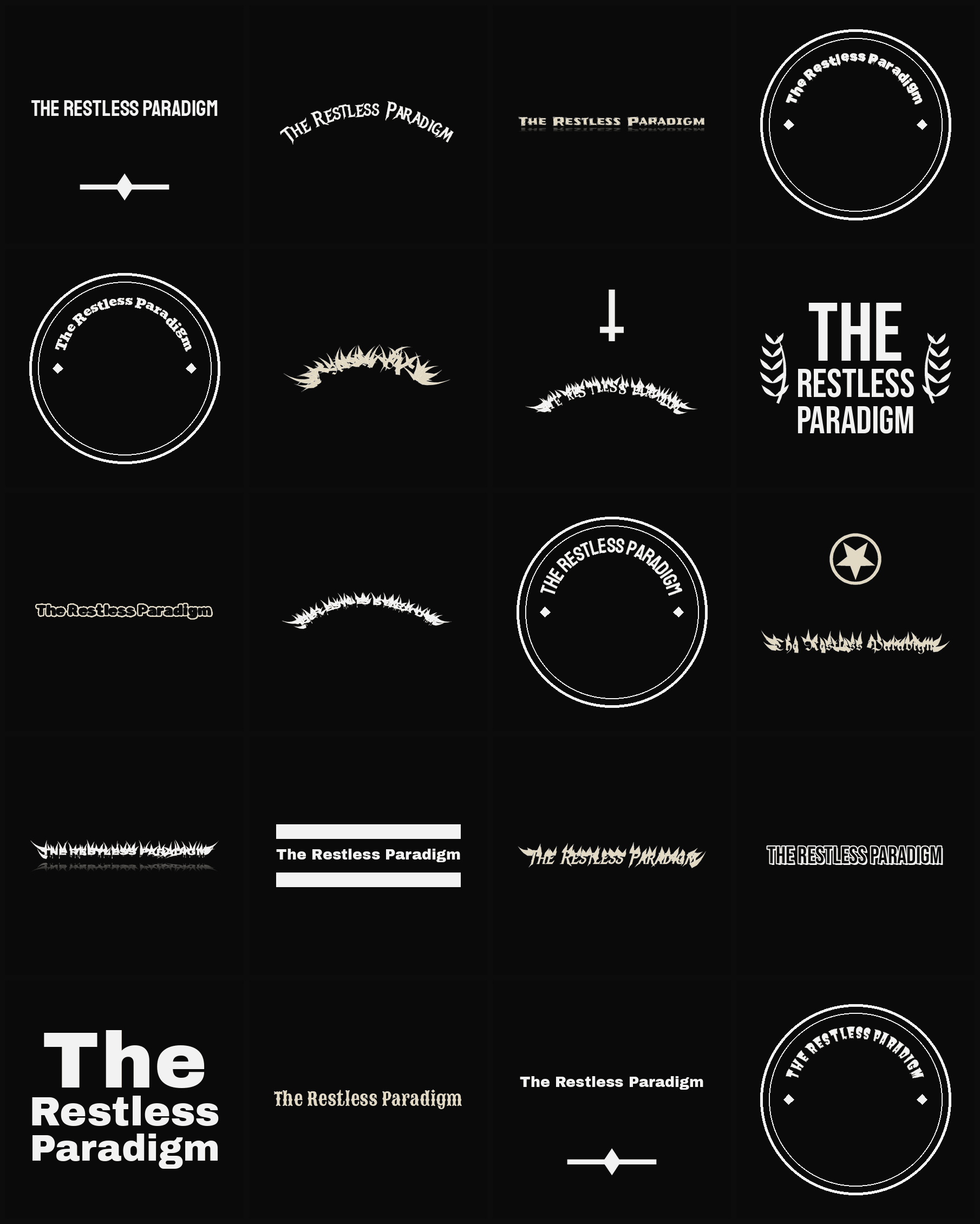 Twenty The Restless Paradigm band logo ideas — different faces, treatments and spike settings
