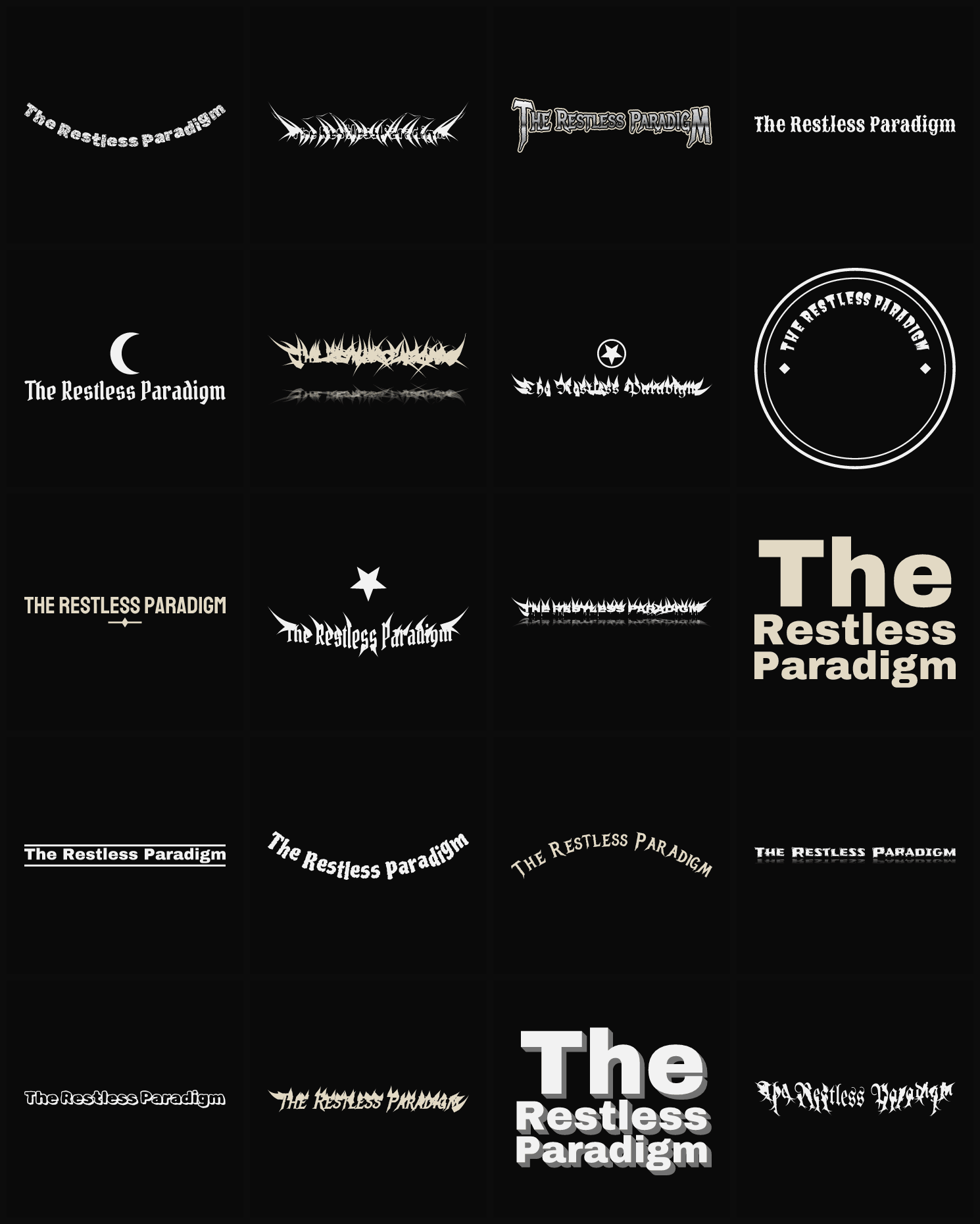 Twenty The Restless Paradigm band logo ideas — different faces, treatments and spike settings