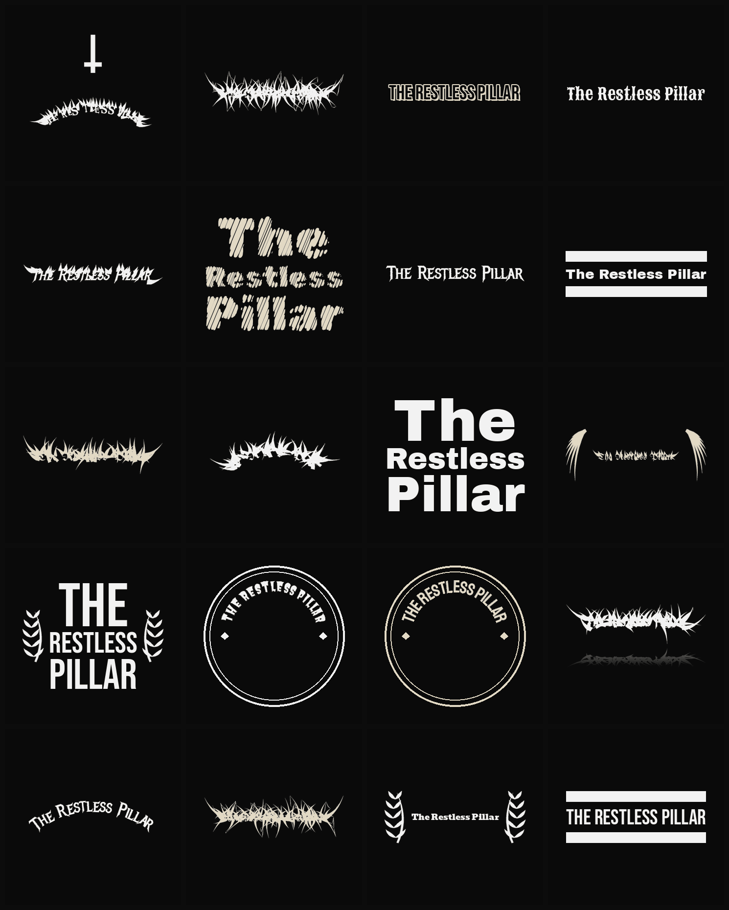 Twenty The Restless Pillar band logo ideas — different faces, treatments and spike settings