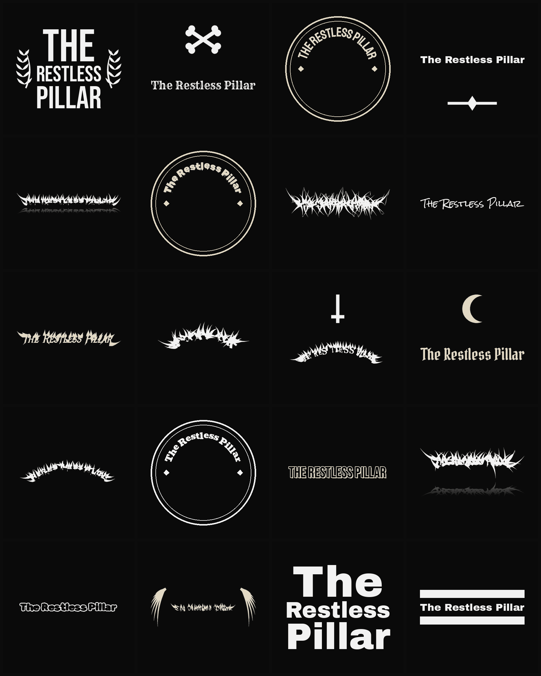 Twenty The Restless Pillar band logo ideas — different faces, treatments and spike settings