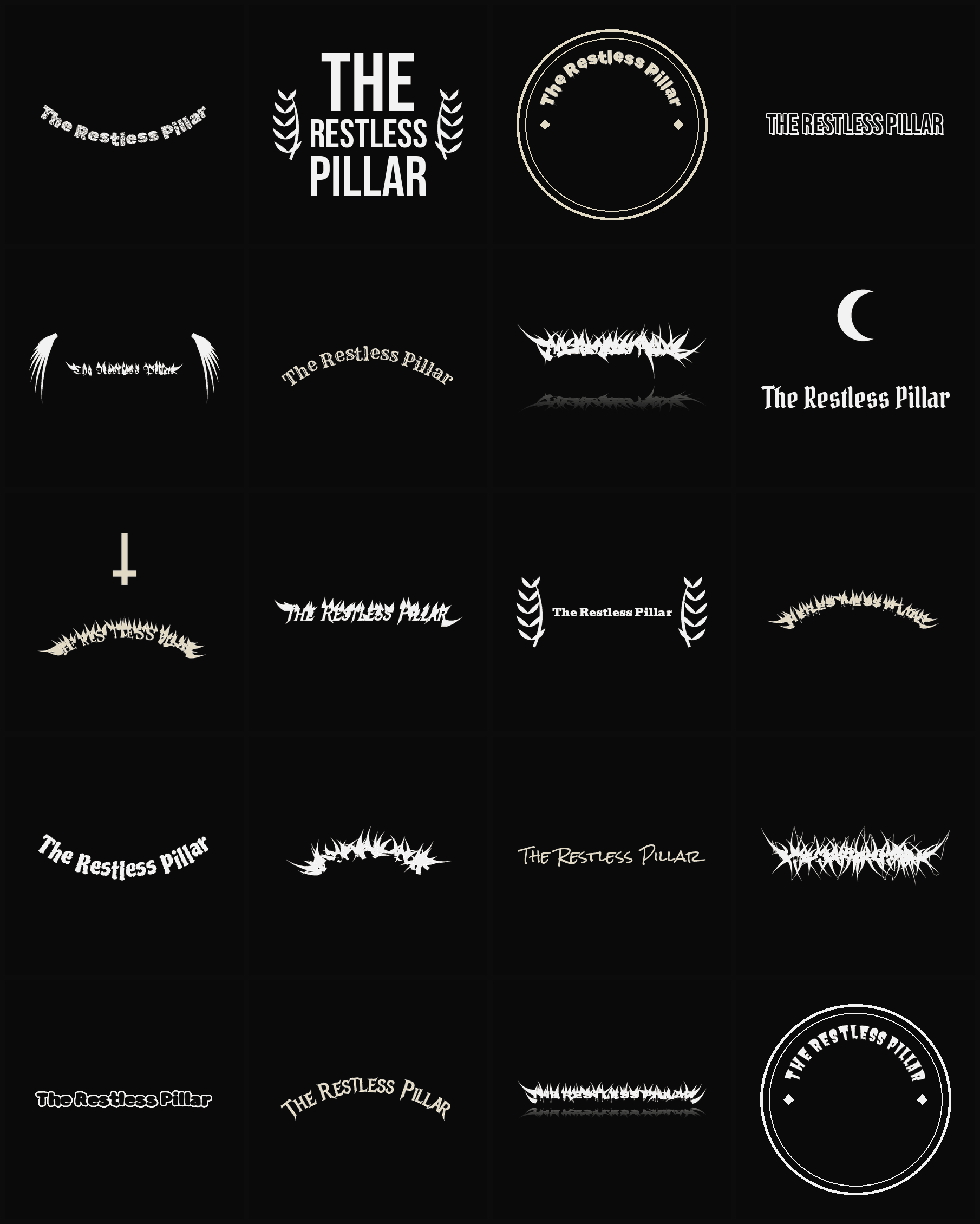 Twenty The Restless Pillar band logo ideas — different faces, treatments and spike settings