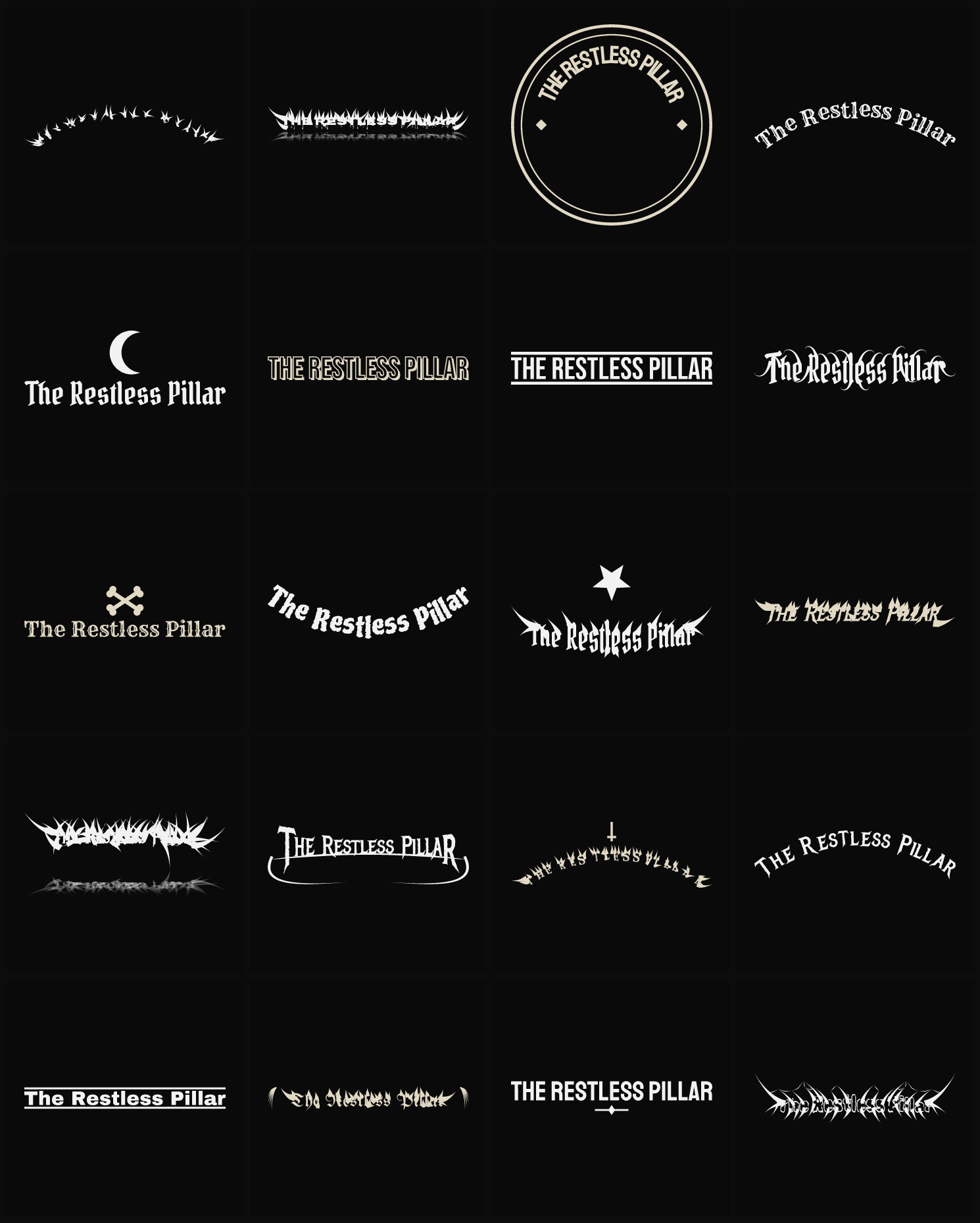 Twenty The Restless Pillar band logo ideas — different faces, treatments and spike settings