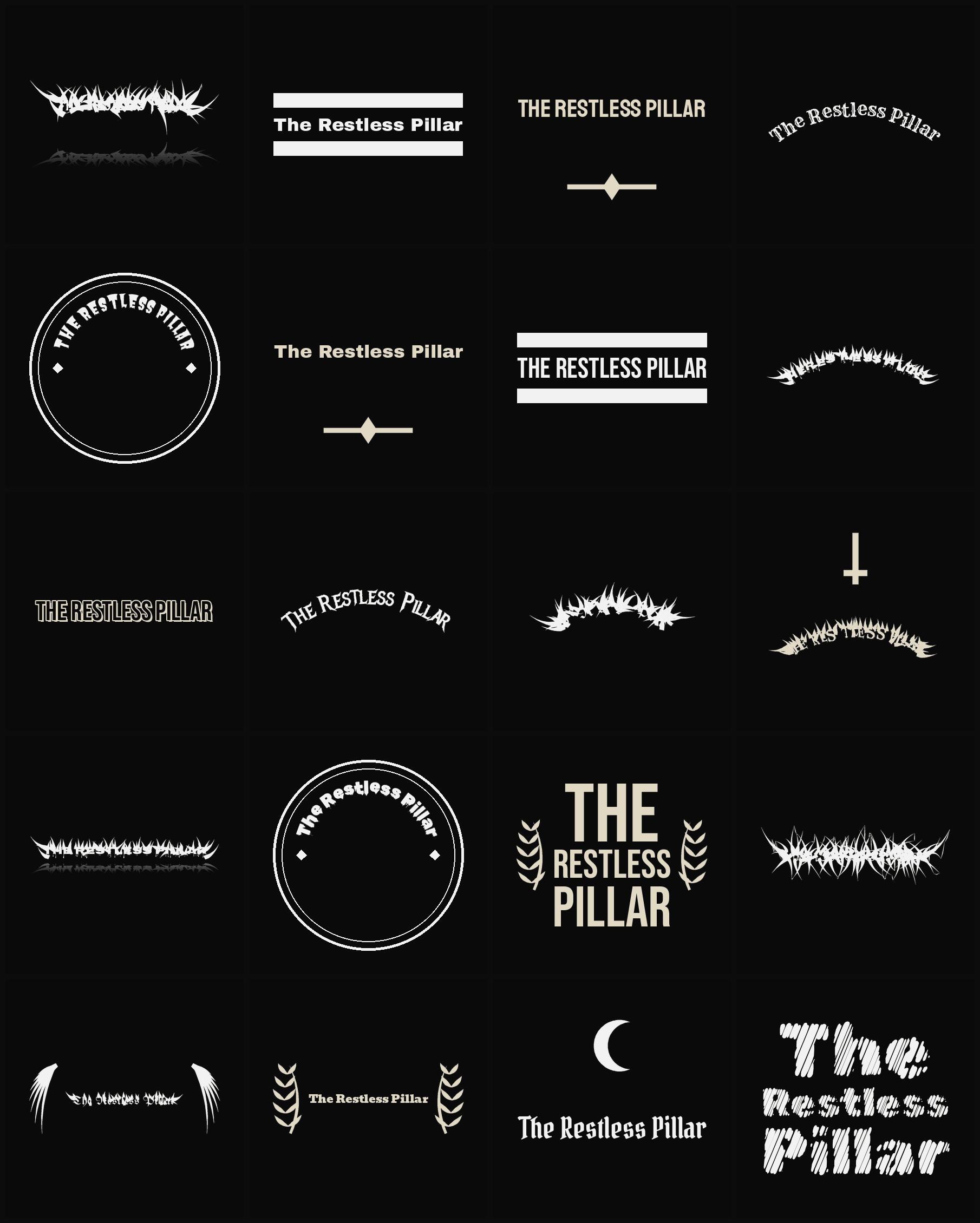 Twenty The Restless Pillar band logo ideas — different faces, treatments and spike settings