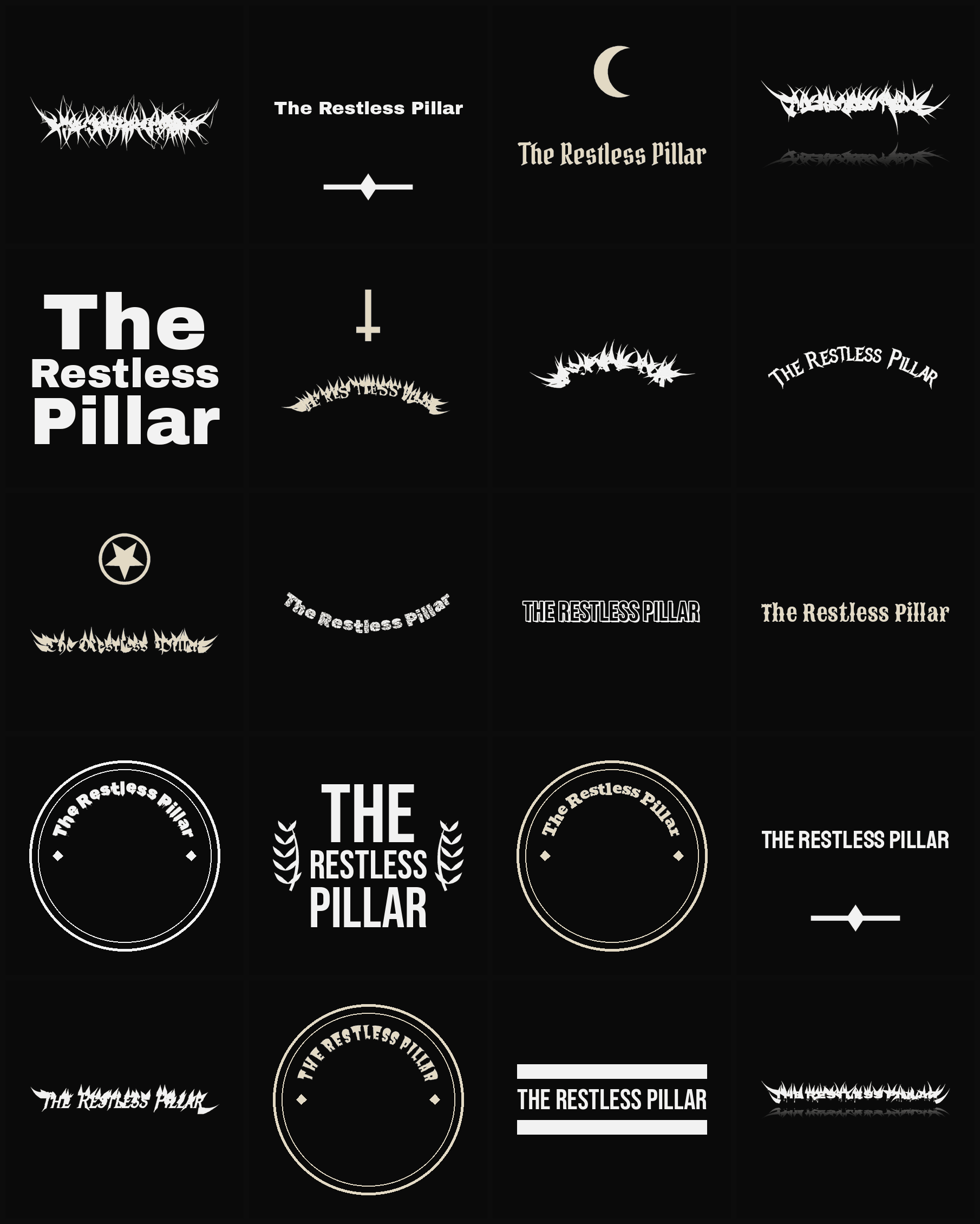 Twenty The Restless Pillar band logo ideas — different faces, treatments and spike settings