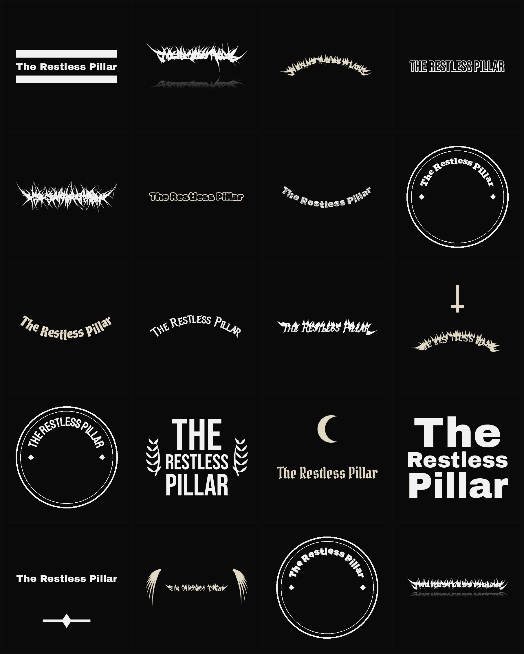 Twenty The Restless Pillar band logo ideas — different faces, treatments and spike settings