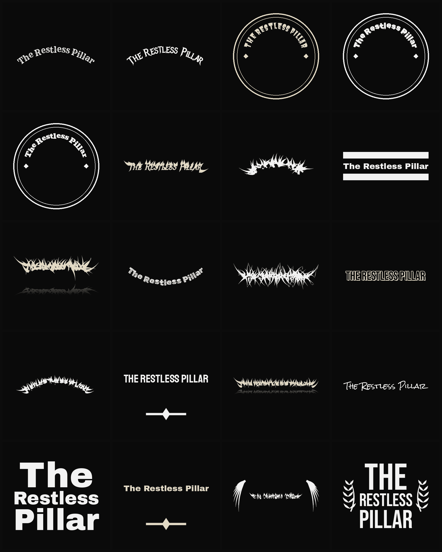 Twenty The Restless Pillar band logo ideas — different faces, treatments and spike settings