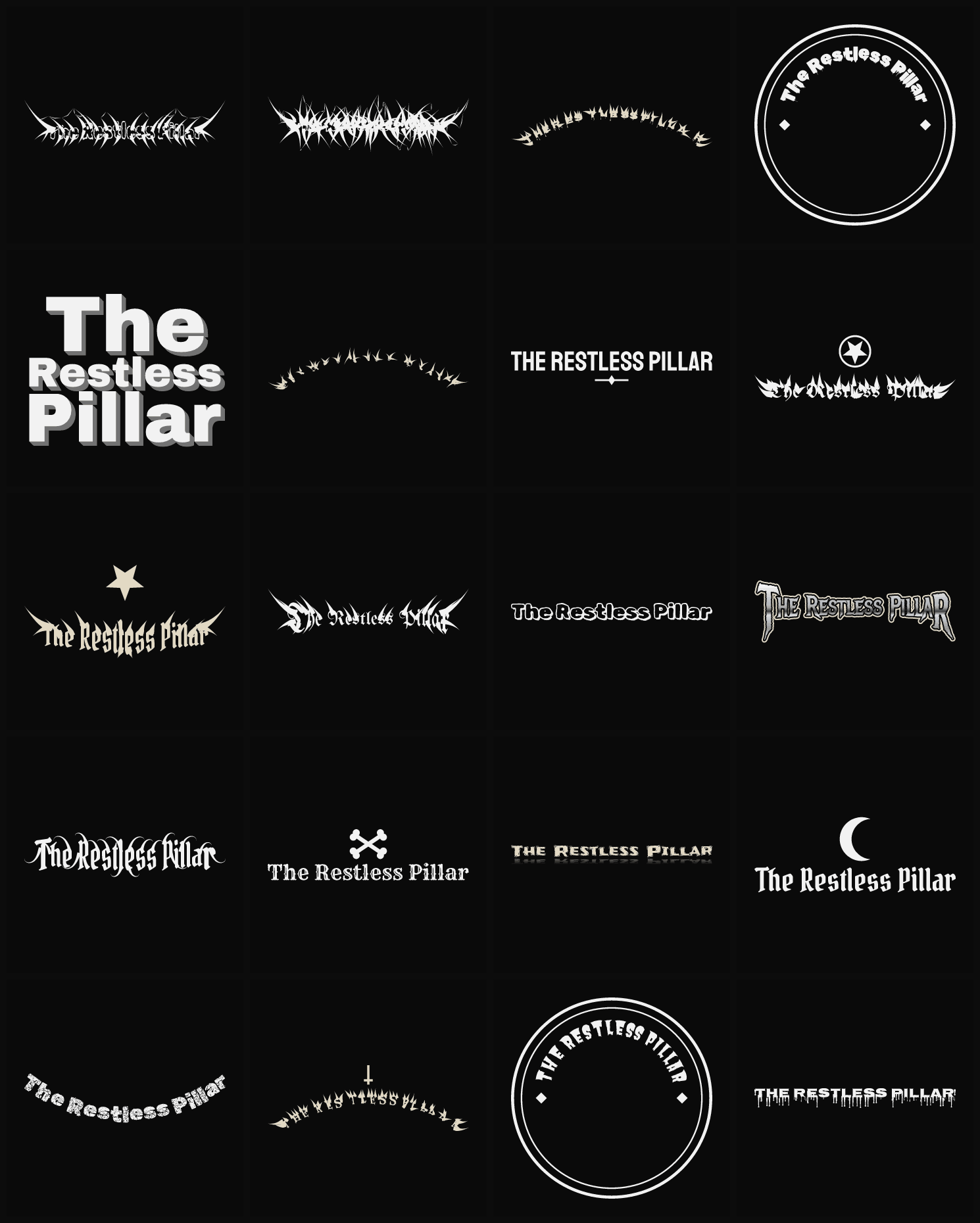 Twenty The Restless Pillar band logo ideas — different faces, treatments and spike settings
