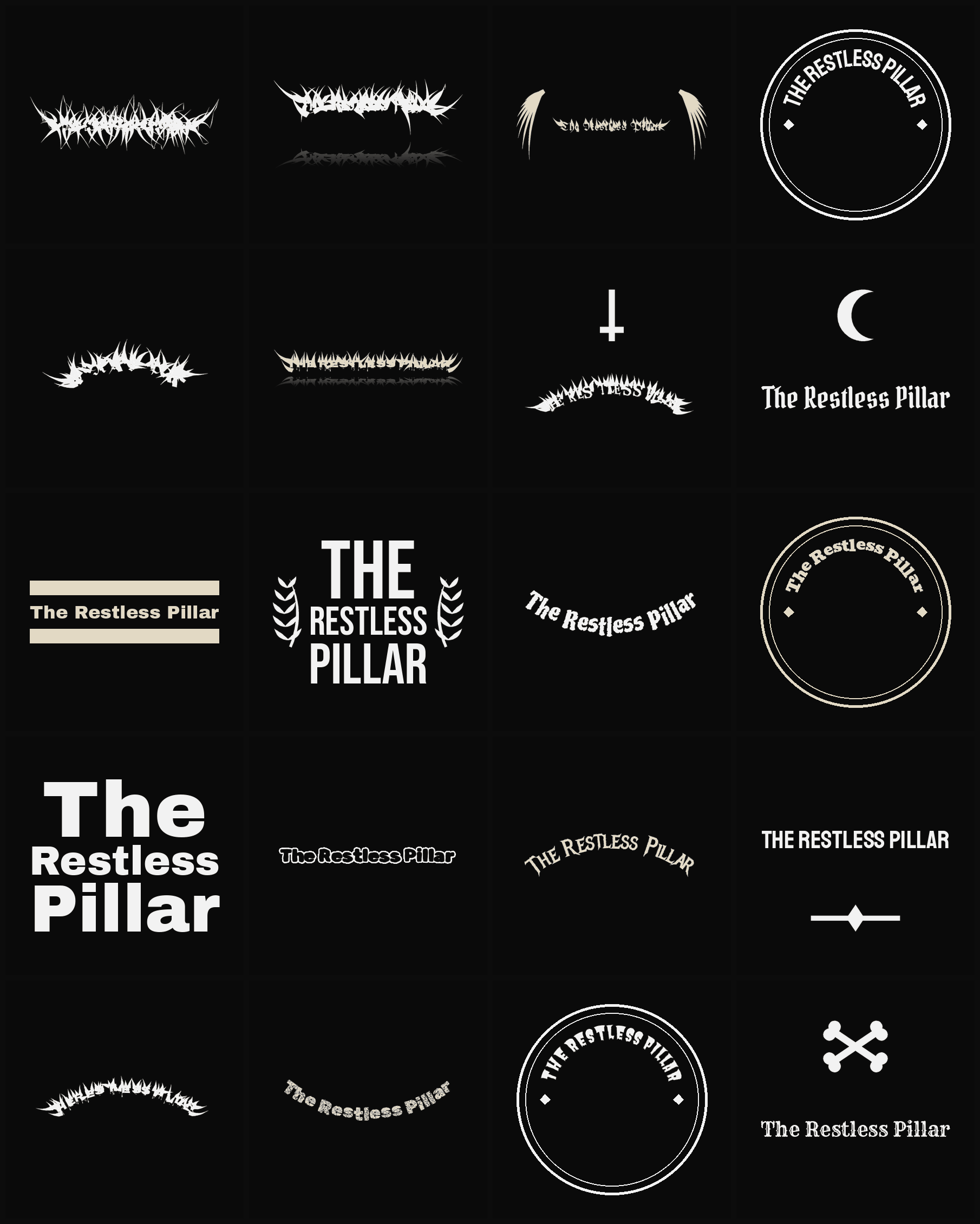 Twenty The Restless Pillar band logo ideas — different faces, treatments and spike settings