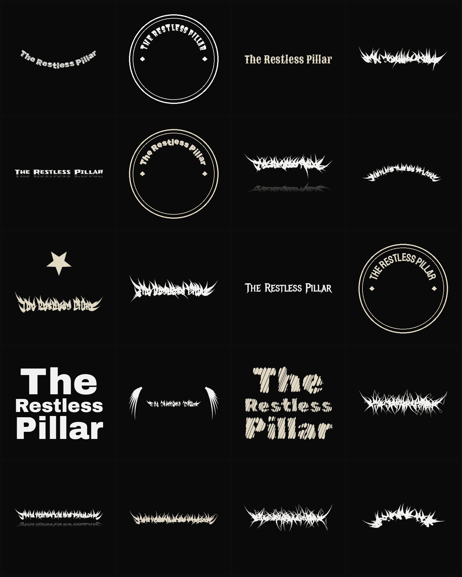 Twenty The Restless Pillar band logo ideas — different faces, treatments and spike settings