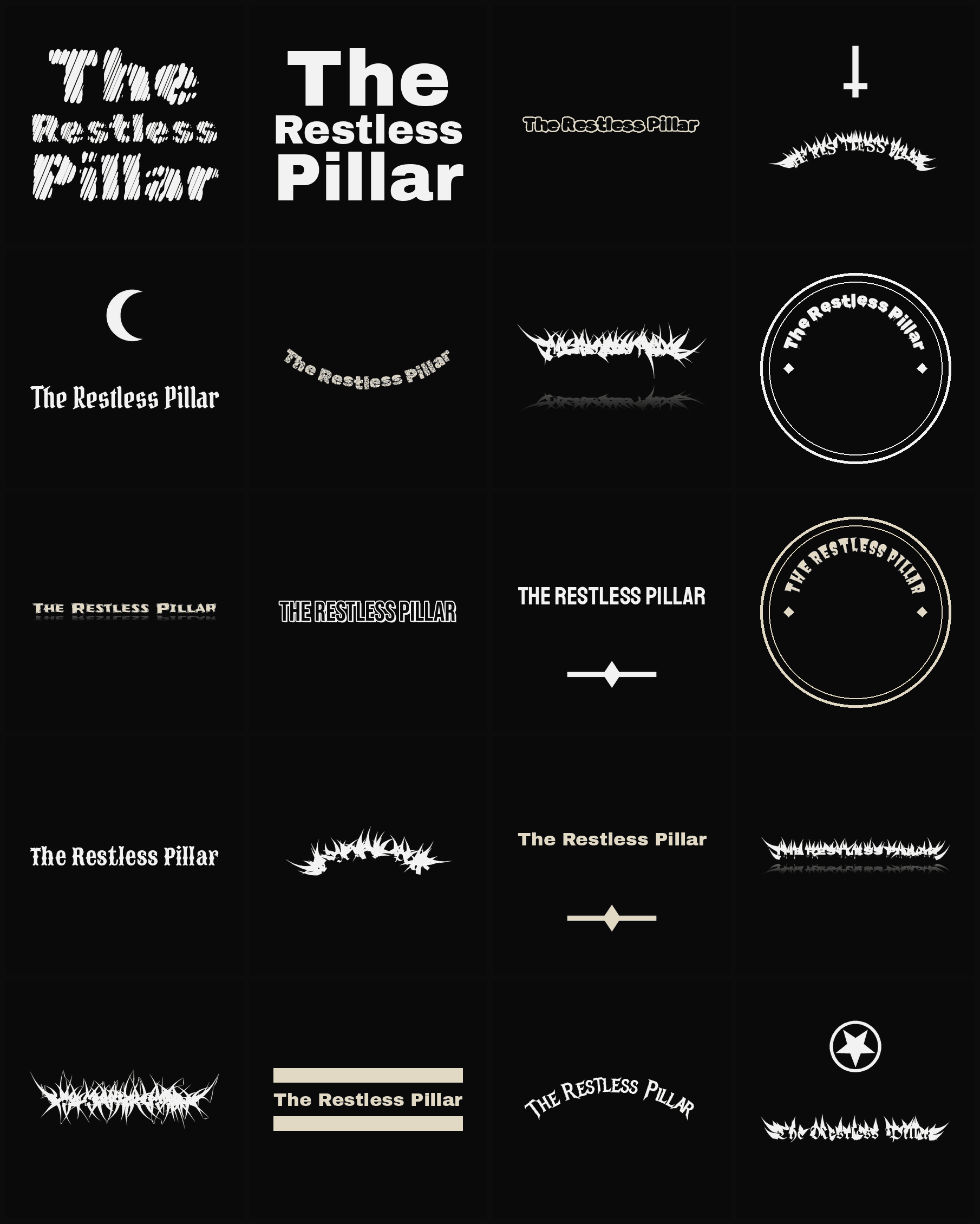 Twenty The Restless Pillar band logo ideas — different faces, treatments and spike settings
