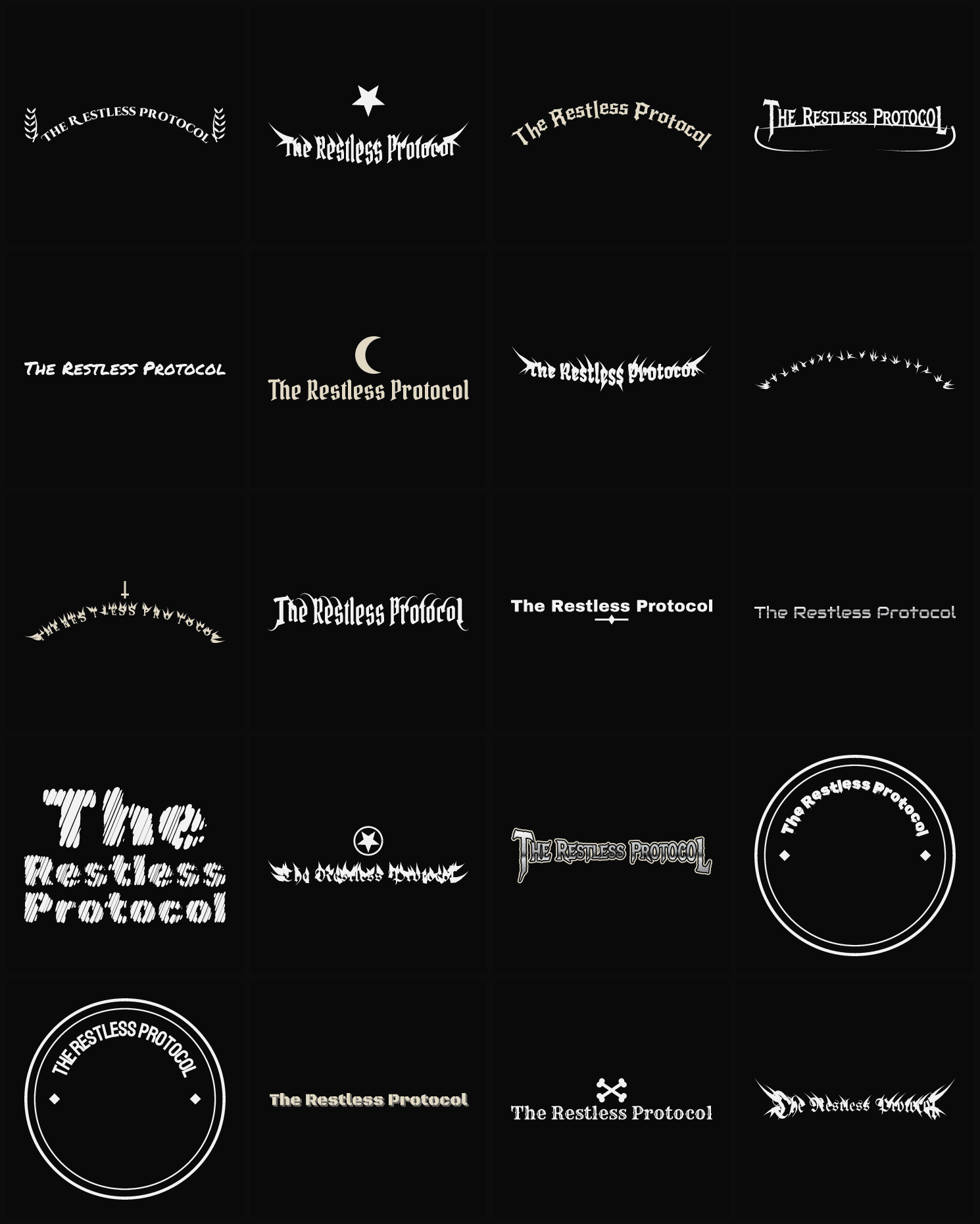 Twenty The Restless Protocol band logo ideas — different faces, treatments and spike settings