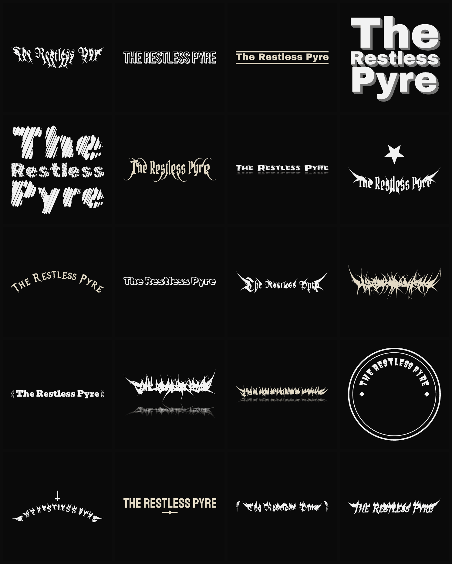 Twenty The Restless Pyre band logo ideas — different faces, treatments and spike settings