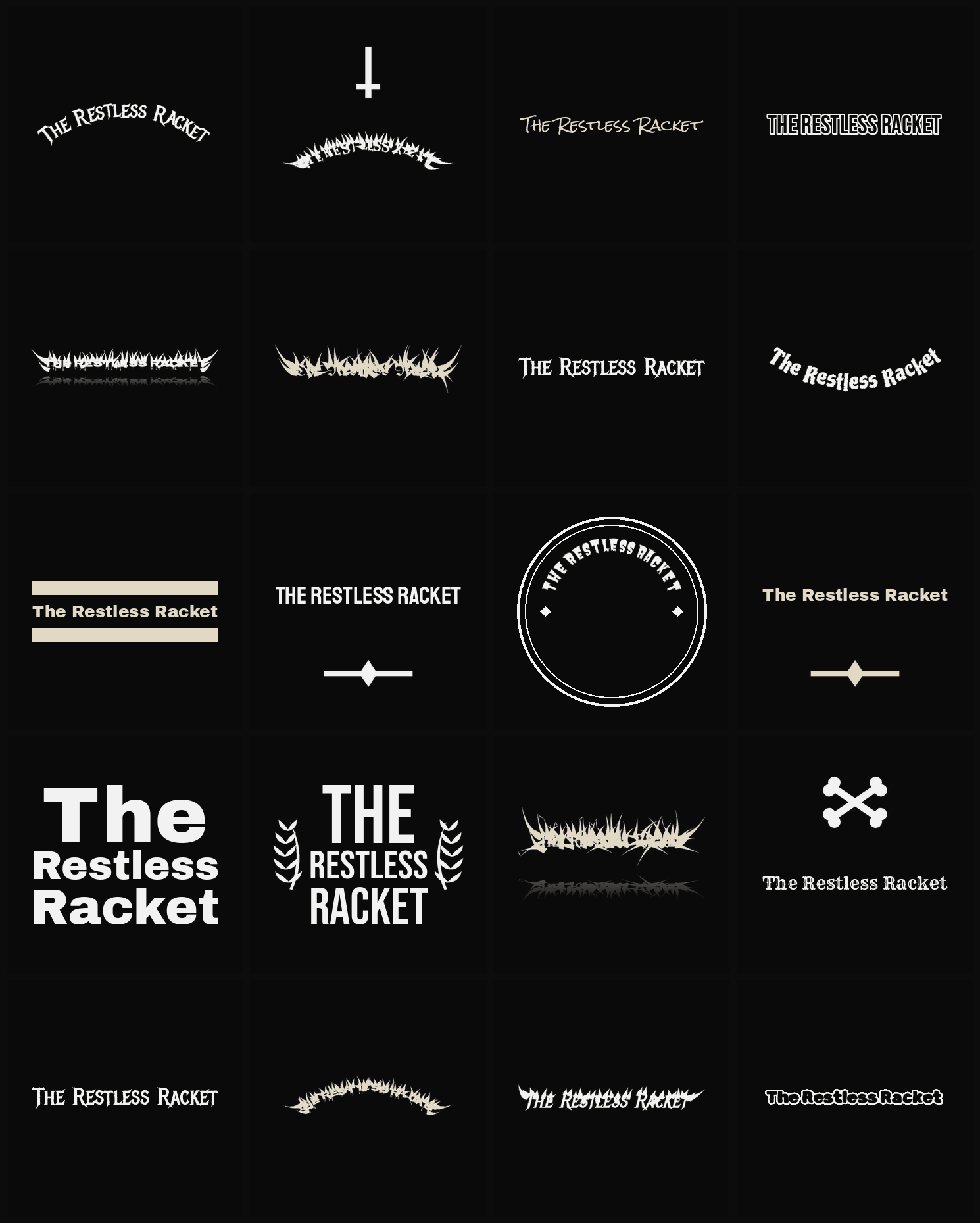 Twenty The Restless Racket band logo ideas — different faces, treatments and spike settings