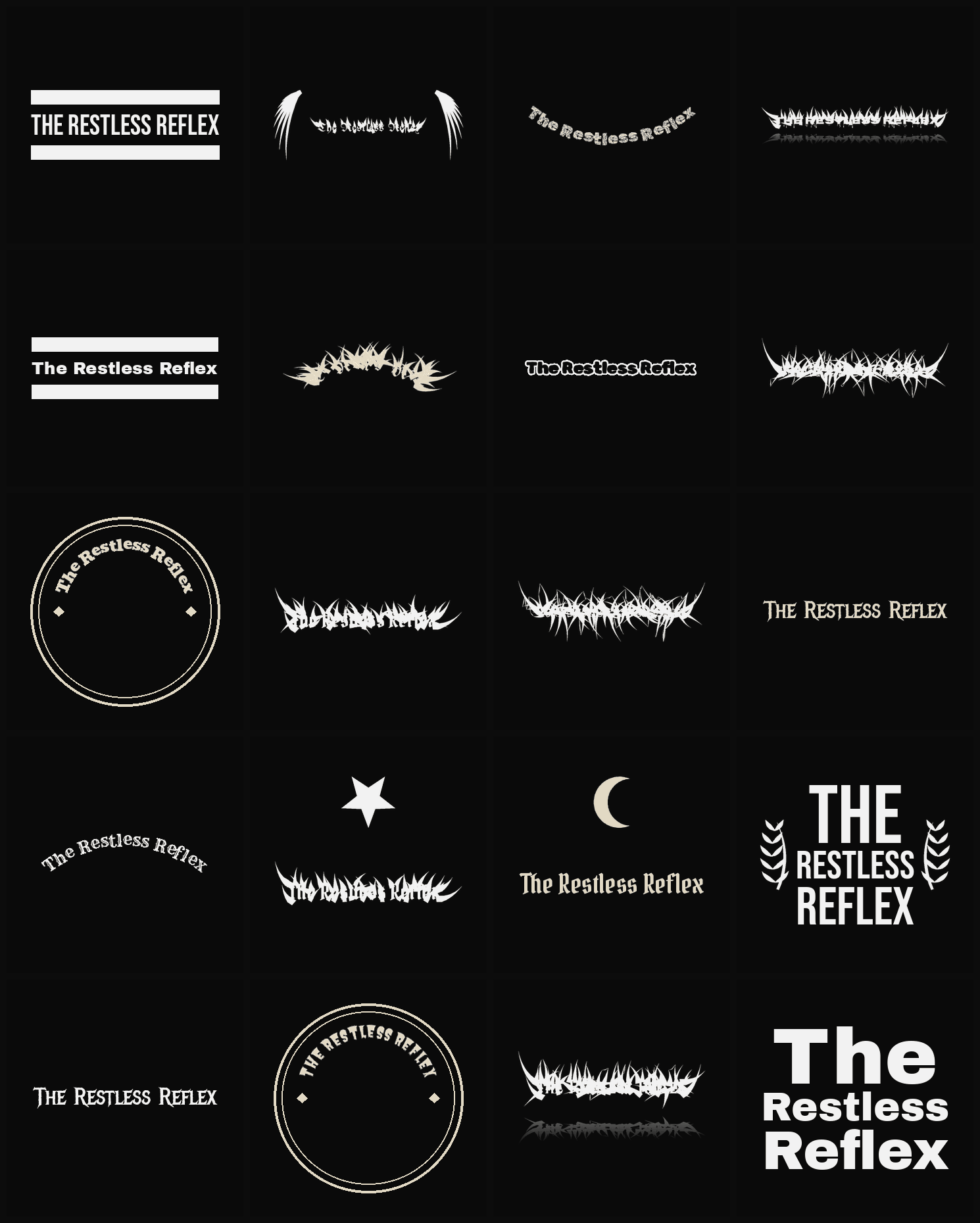Twenty The Restless Reflex band logo ideas — different faces, treatments and spike settings