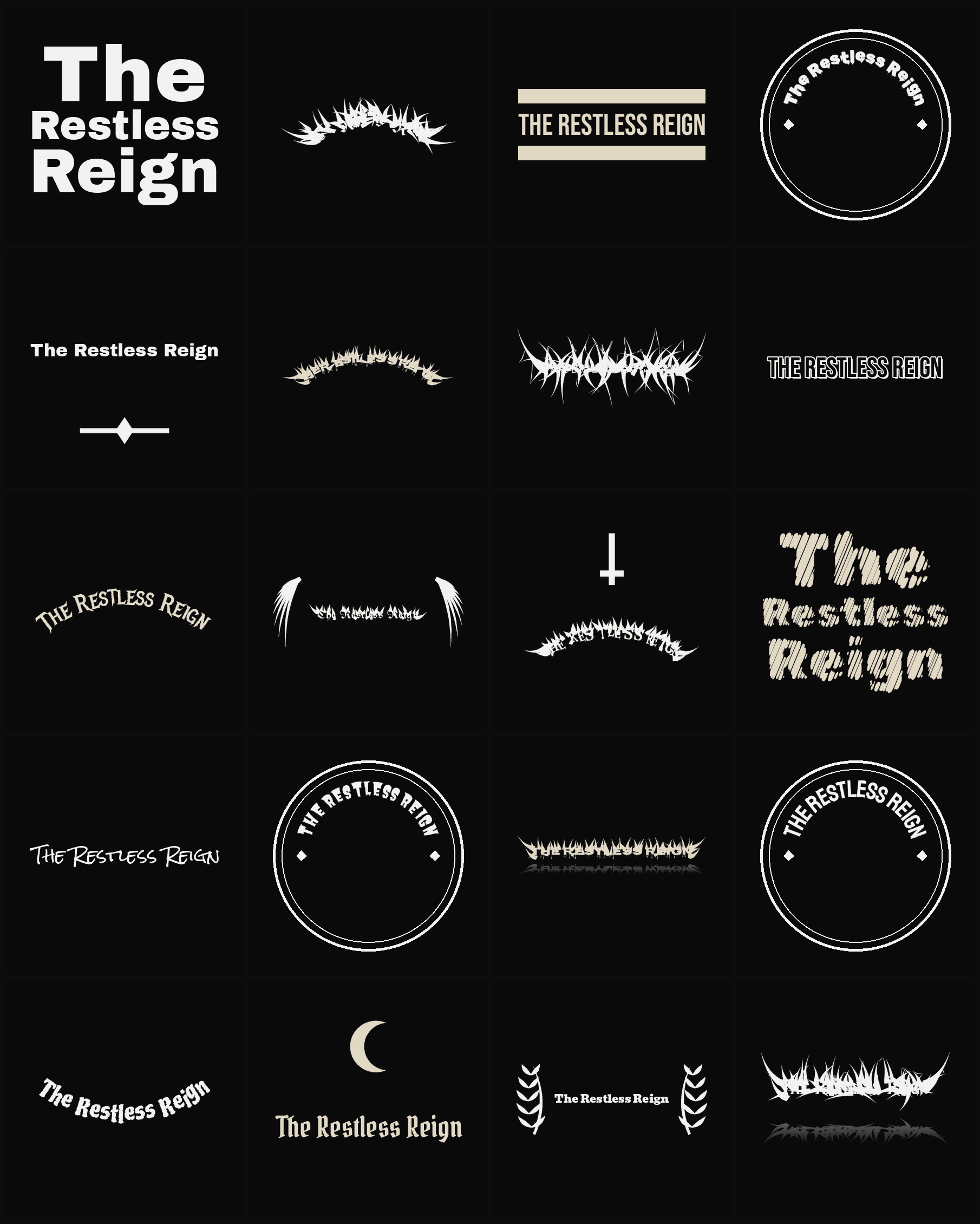 Twenty The Restless Reign band logo ideas — different faces, treatments and spike settings