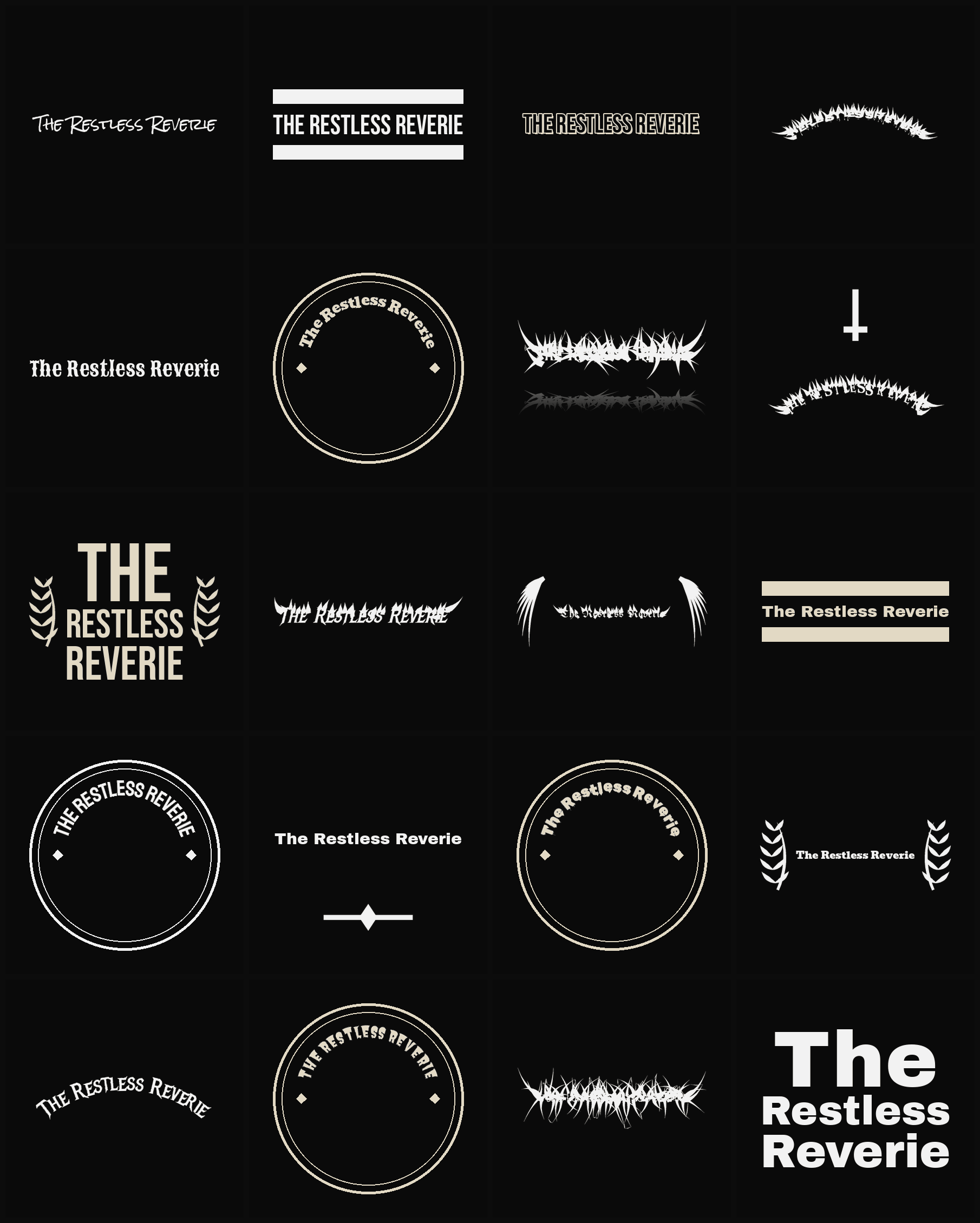 Twenty The Restless Reverie band logo ideas — different faces, treatments and spike settings