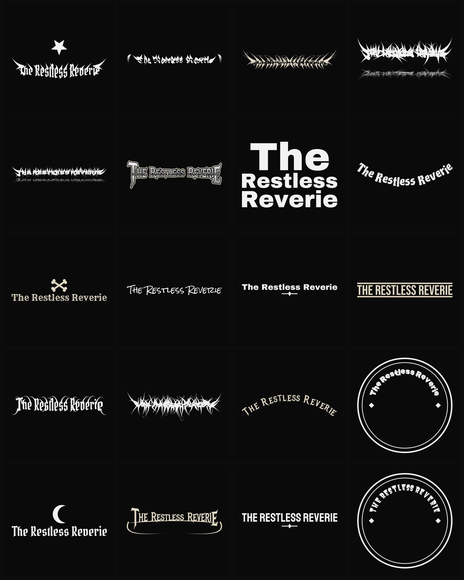 Twenty The Restless Reverie band logo ideas — different faces, treatments and spike settings