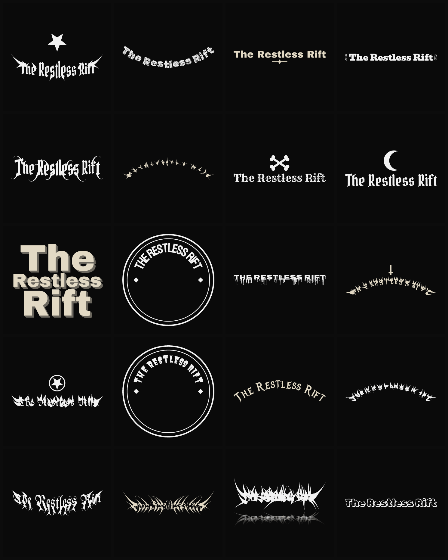 Twenty The Restless Rift band logo ideas — different faces, treatments and spike settings