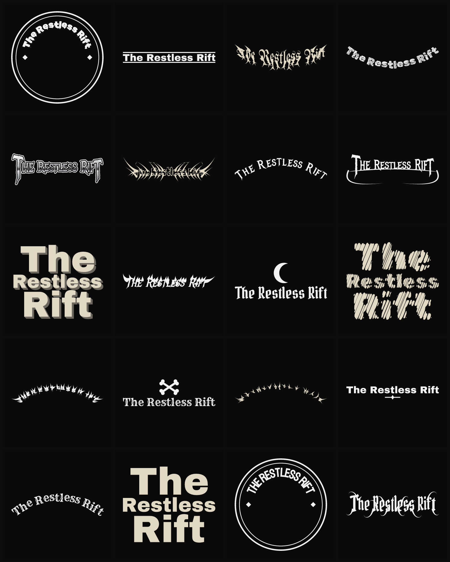 Twenty The Restless Rift band logo ideas — different faces, treatments and spike settings