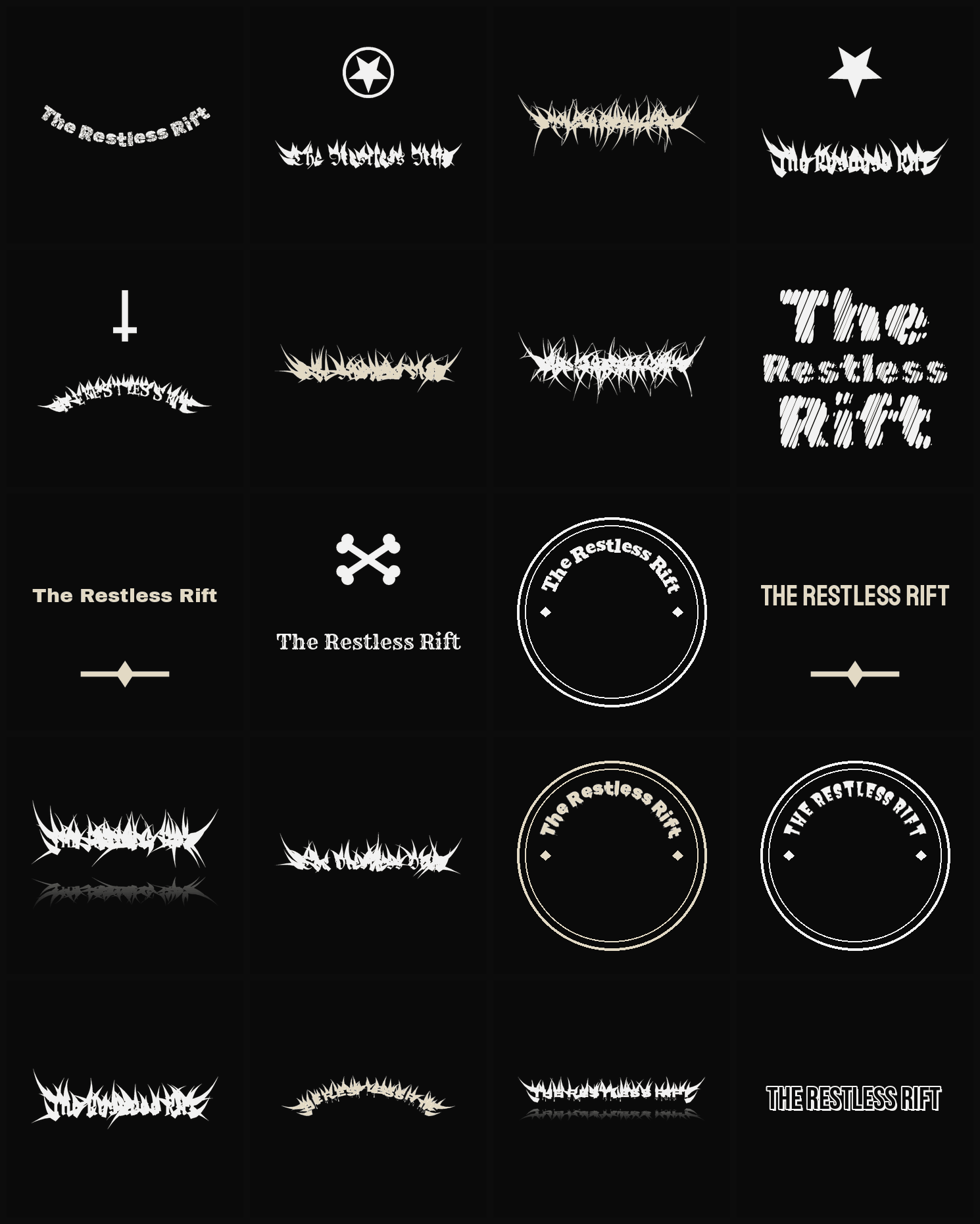 Twenty The Restless Rift band logo ideas — different faces, treatments and spike settings