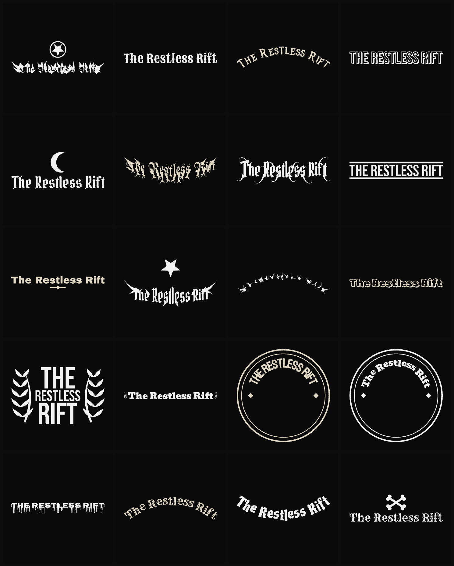 Twenty The Restless Rift band logo ideas — different faces, treatments and spike settings