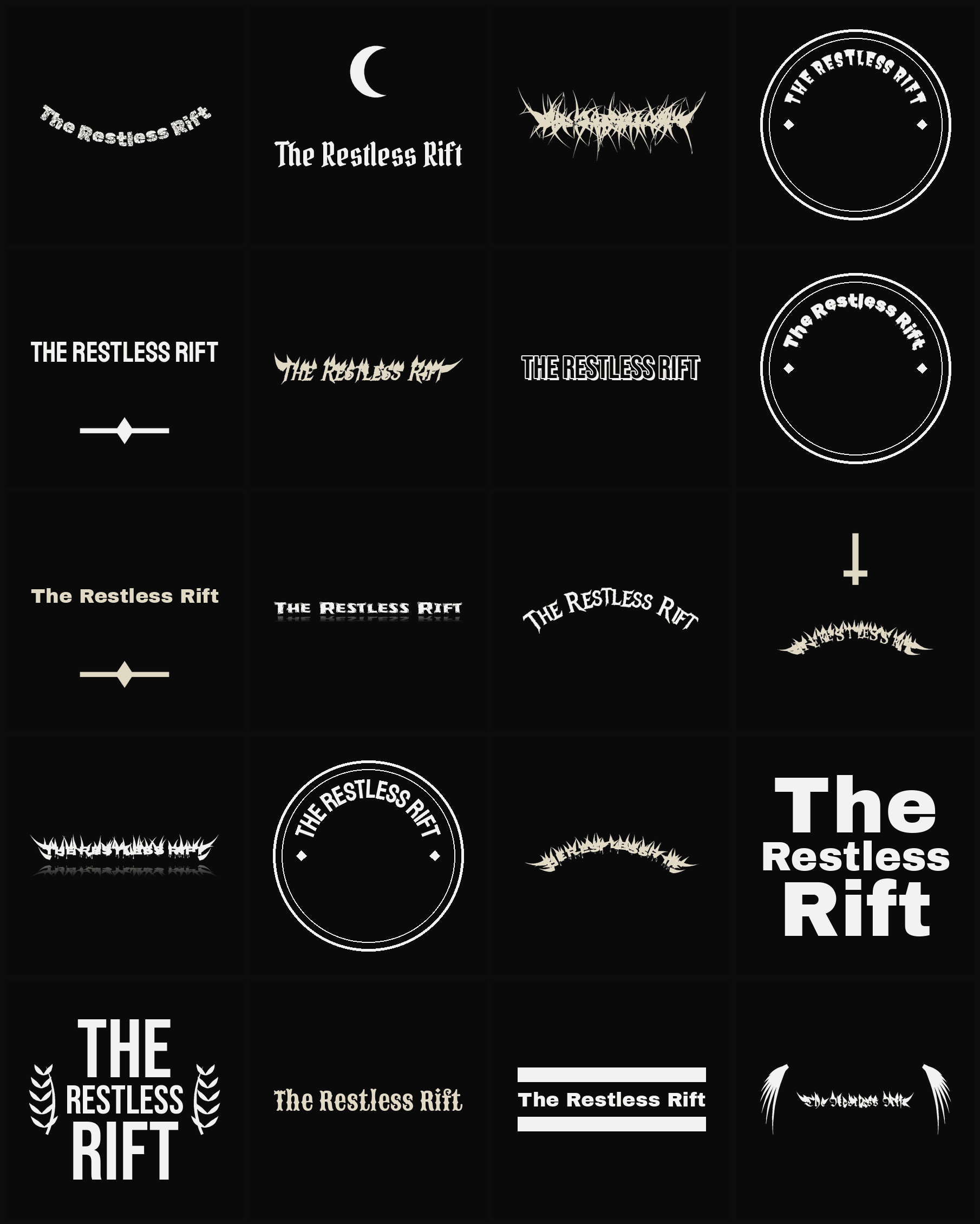 Twenty The Restless Rift band logo ideas — different faces, treatments and spike settings