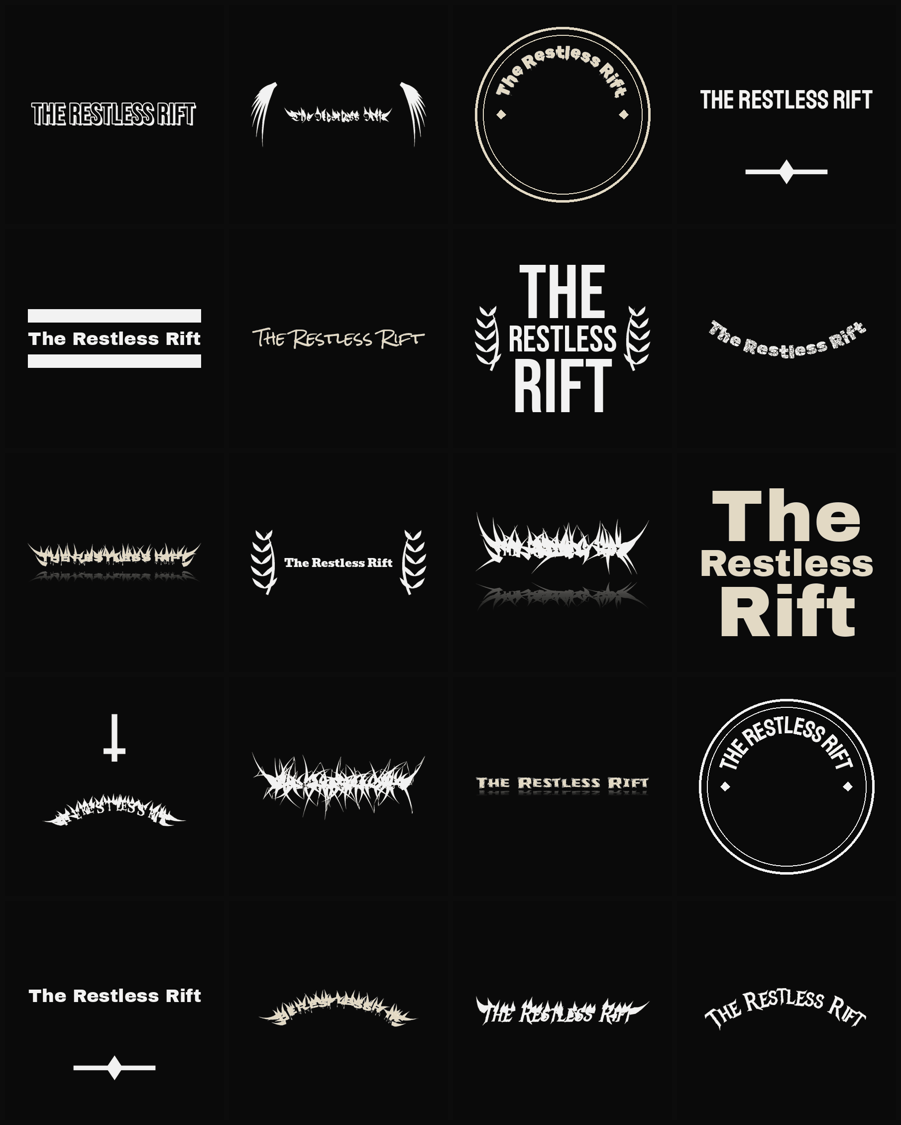 Twenty The Restless Rift band logo ideas — different faces, treatments and spike settings