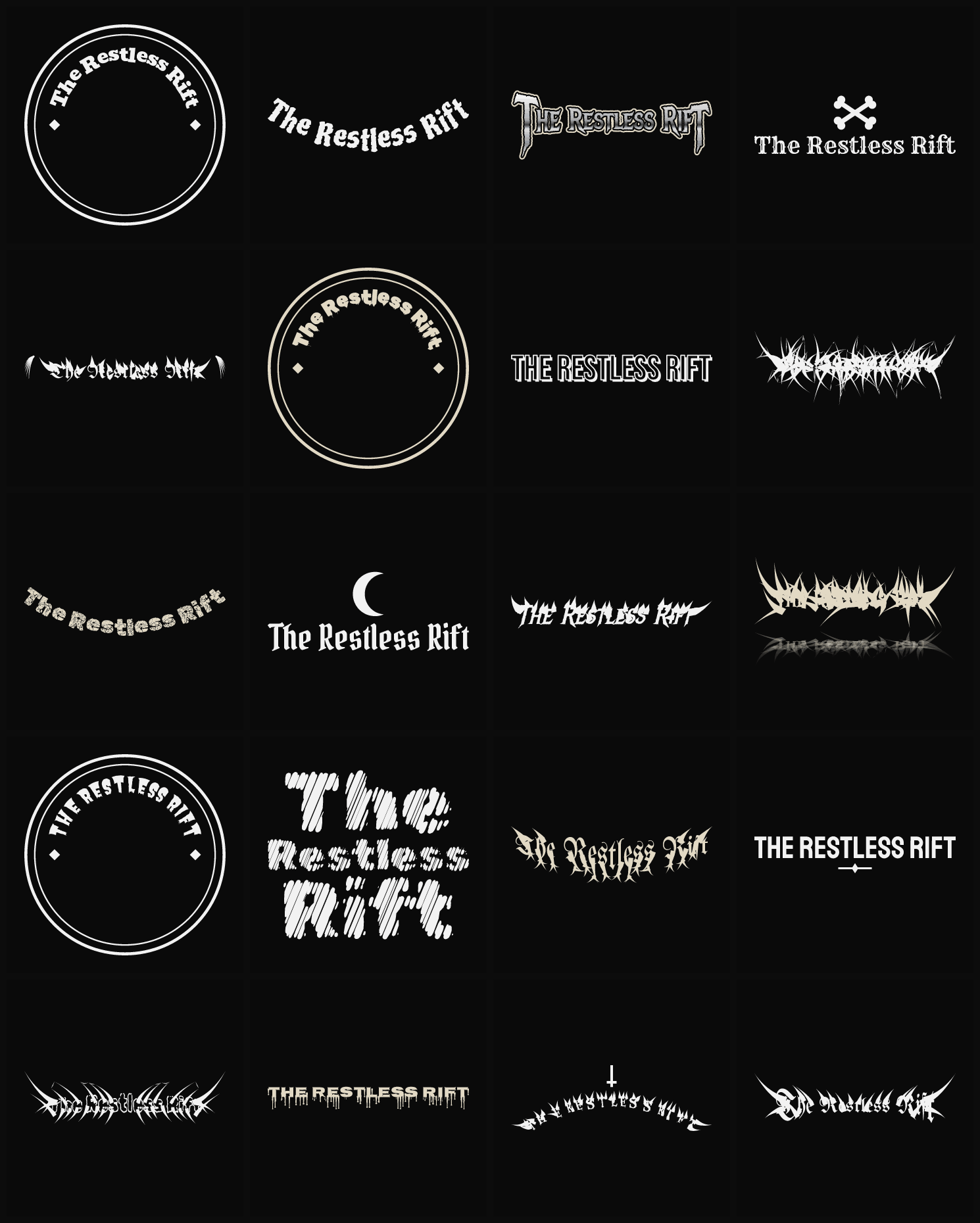 Twenty The Restless Rift band logo ideas — different faces, treatments and spike settings