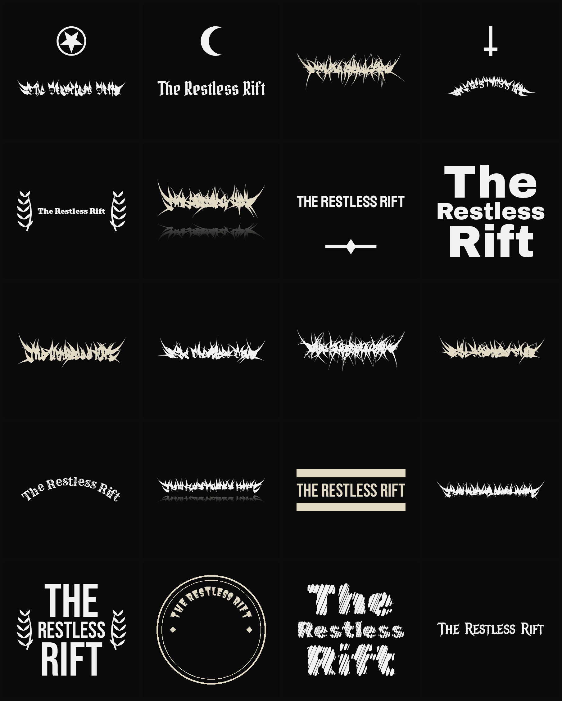 Twenty The Restless Rift band logo ideas — different faces, treatments and spike settings