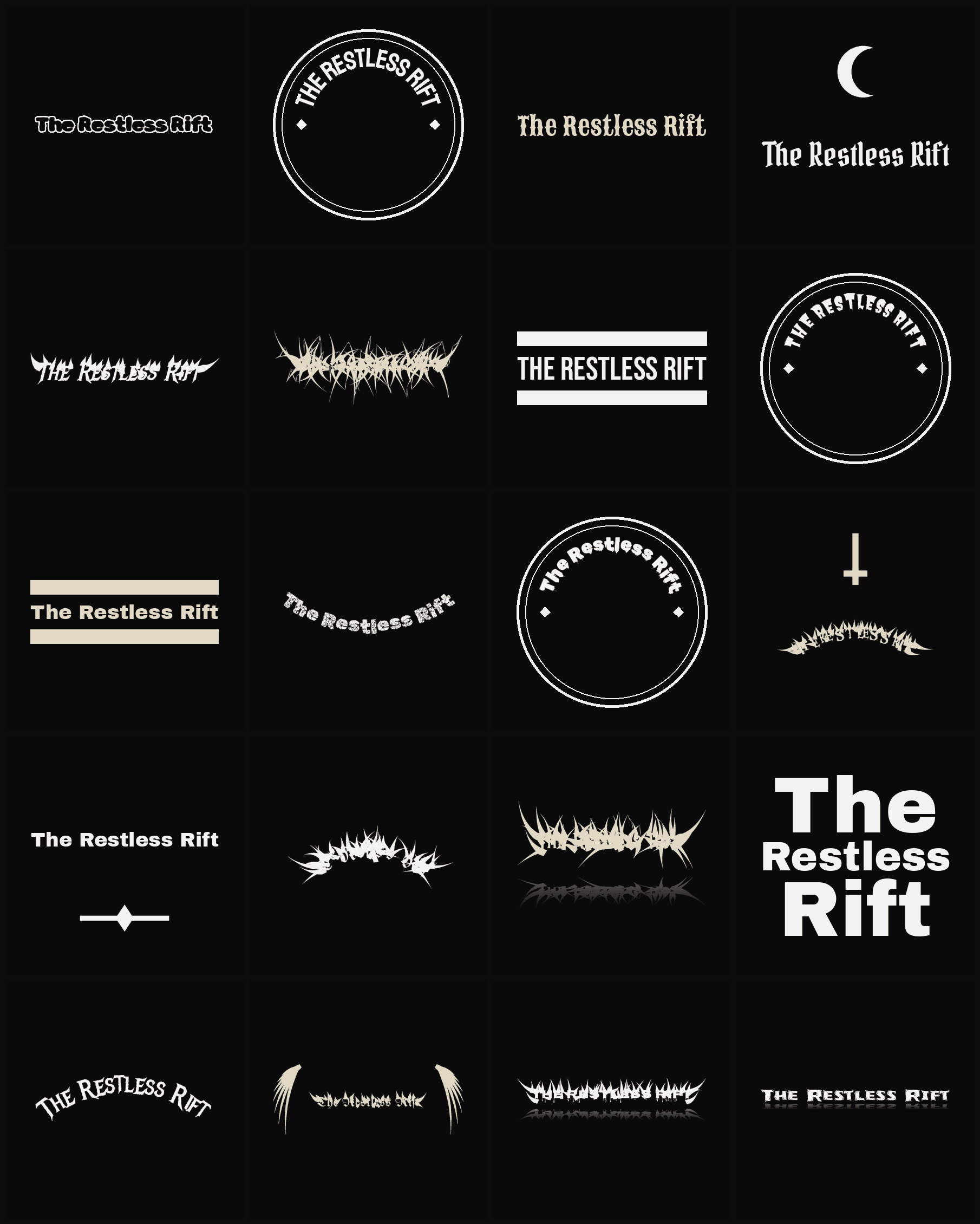 Twenty The Restless Rift band logo ideas — different faces, treatments and spike settings