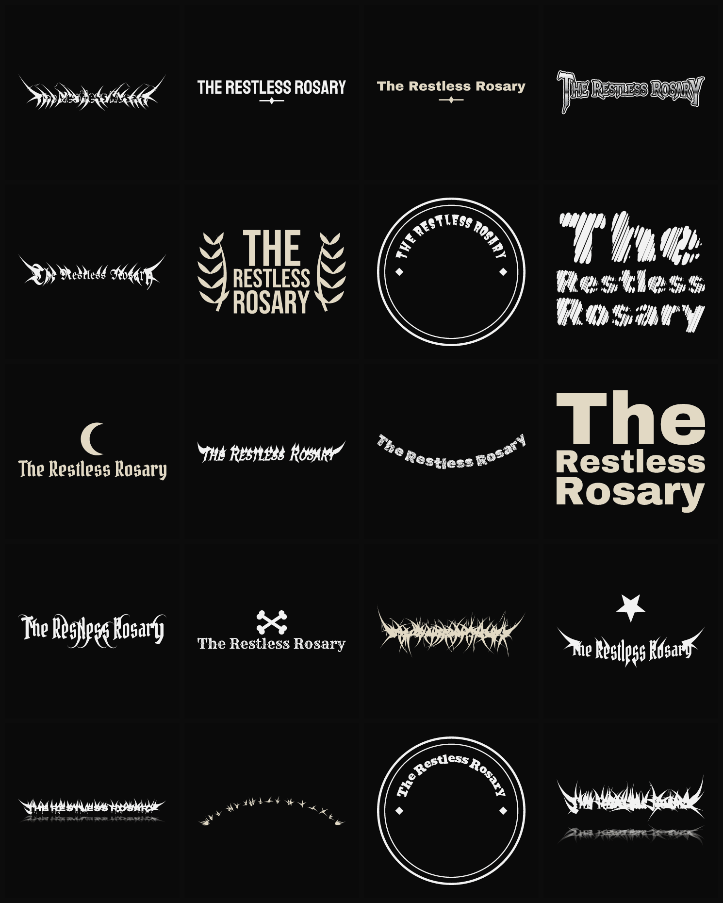 Twenty The Restless Rosary band logo ideas — different faces, treatments and spike settings