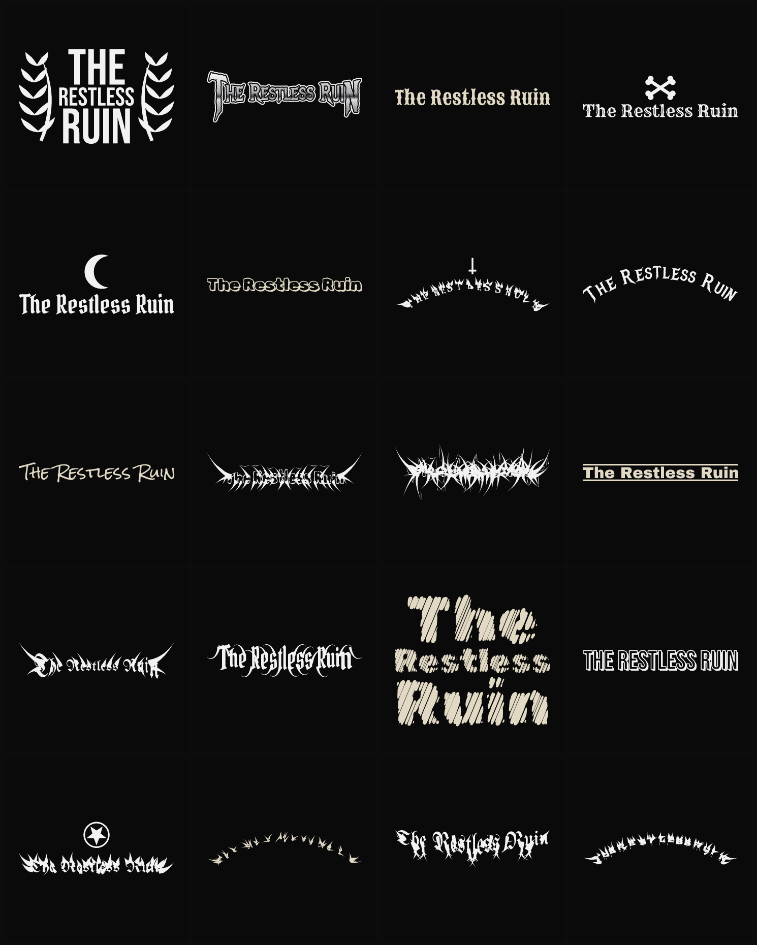 Twenty The Restless Ruin band logo ideas — different faces, treatments and spike settings