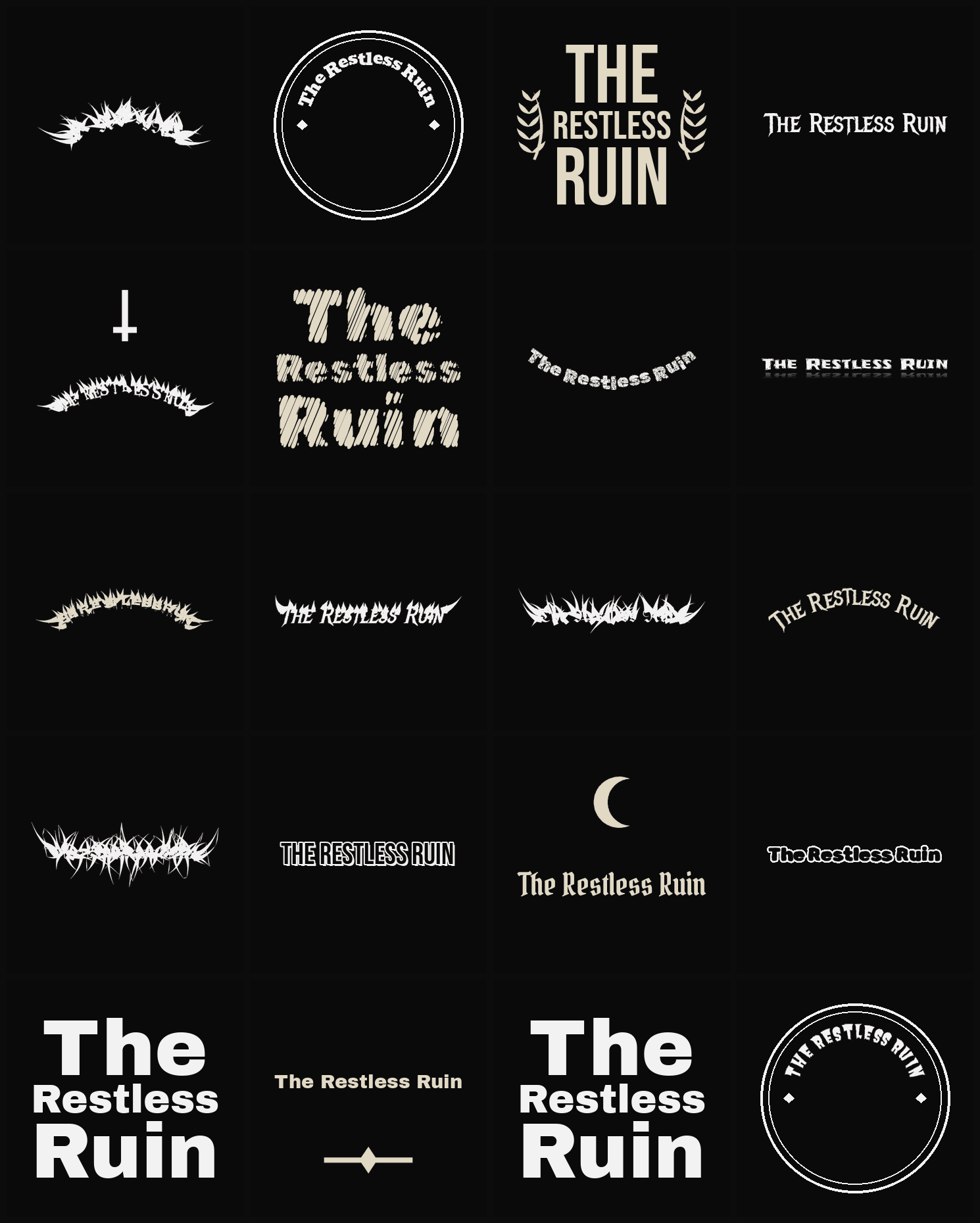 Twenty The Restless Ruin band logo ideas — different faces, treatments and spike settings