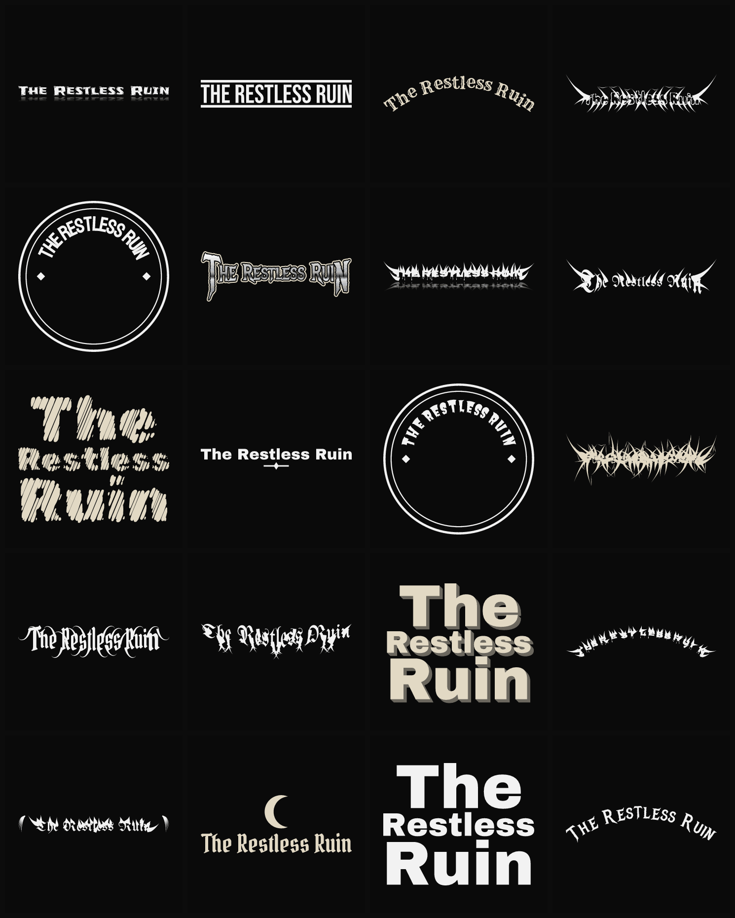 Twenty The Restless Ruin band logo ideas — different faces, treatments and spike settings