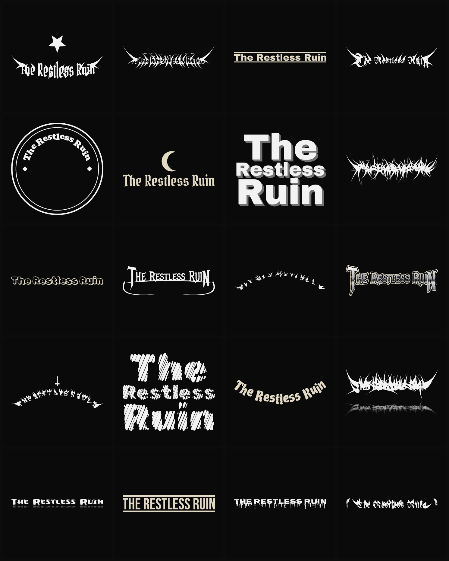 Twenty The Restless Ruin band logo ideas — different faces, treatments and spike settings