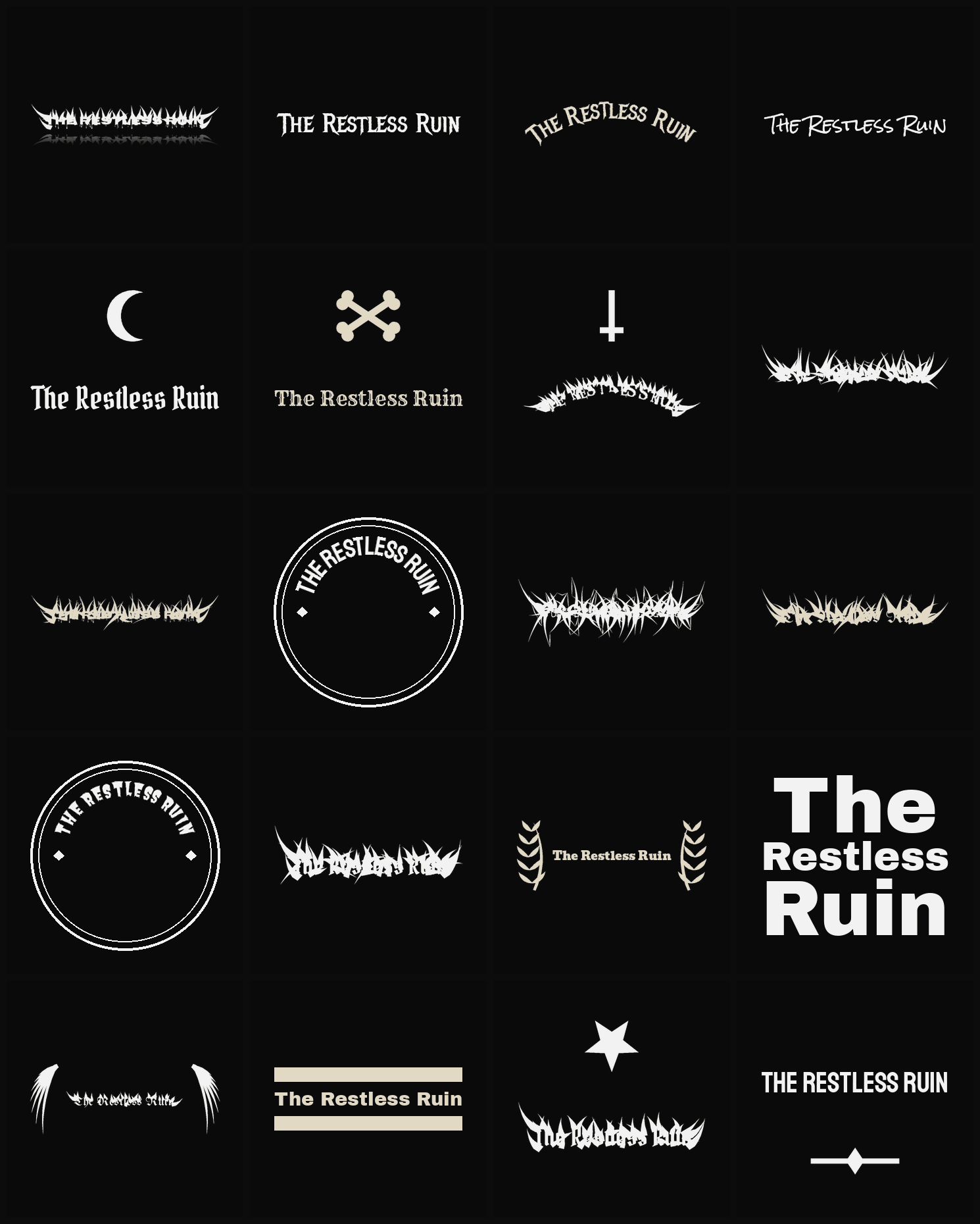 Twenty The Restless Ruin band logo ideas — different faces, treatments and spike settings