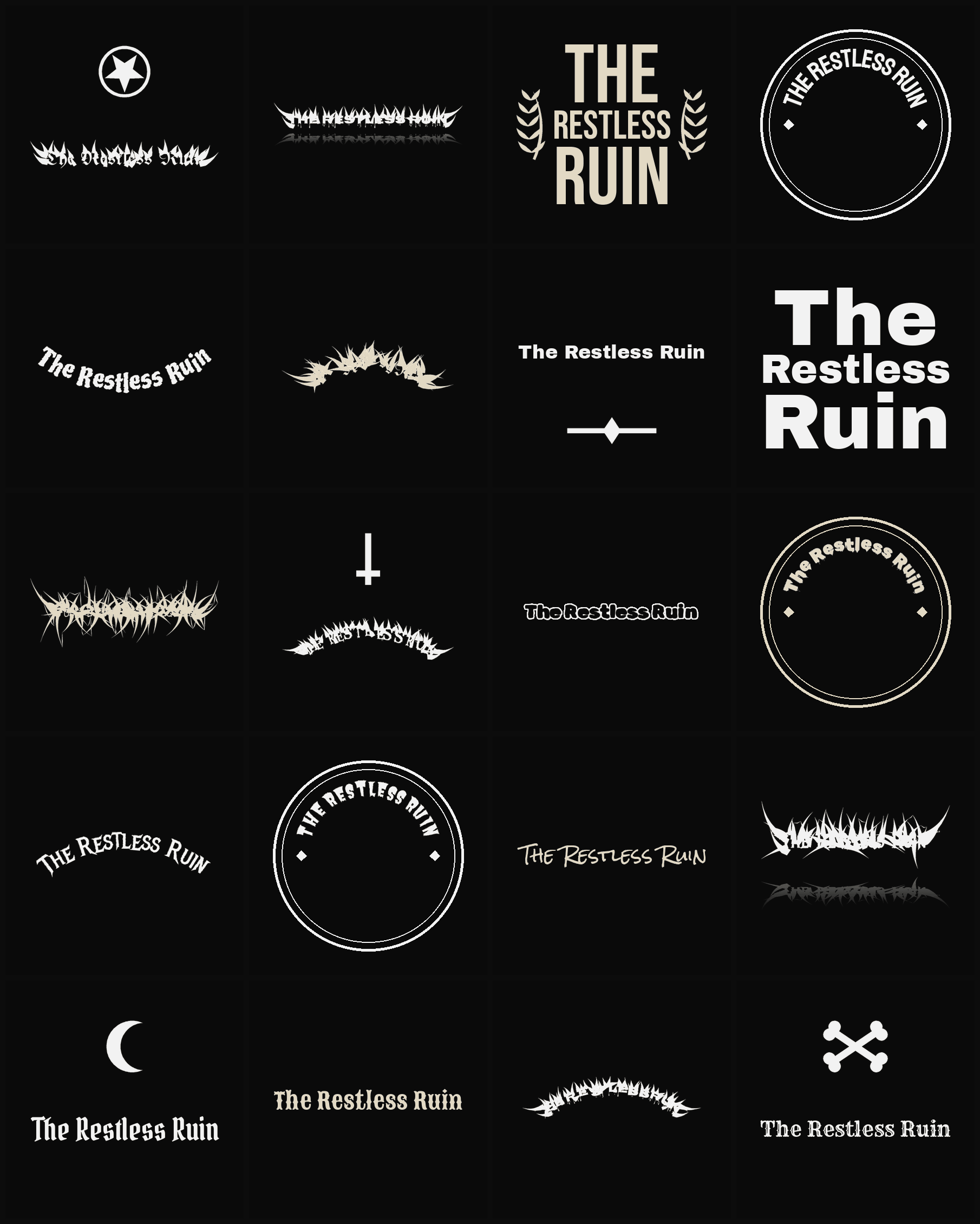 Twenty The Restless Ruin band logo ideas — different faces, treatments and spike settings