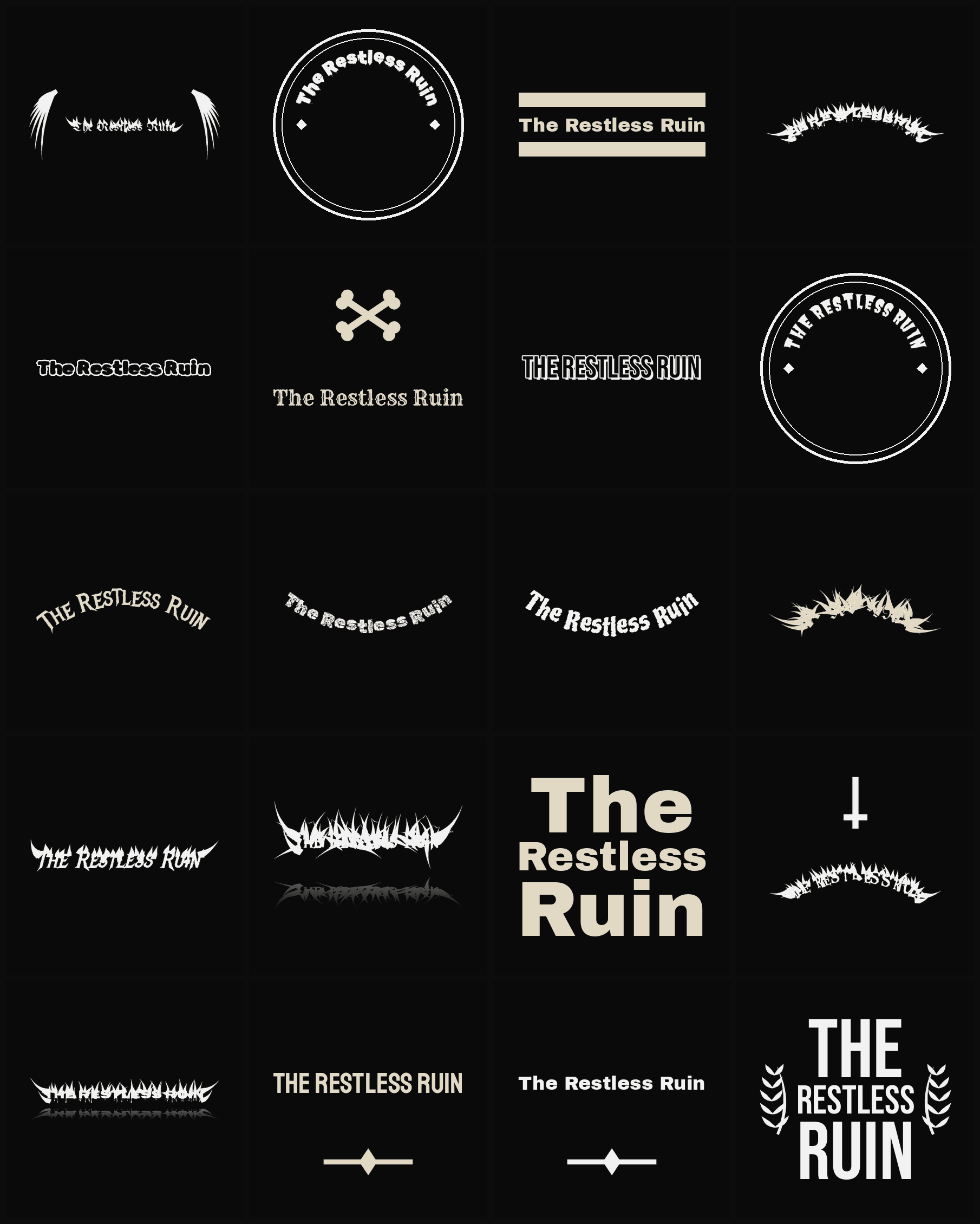 Twenty The Restless Ruin band logo ideas — different faces, treatments and spike settings