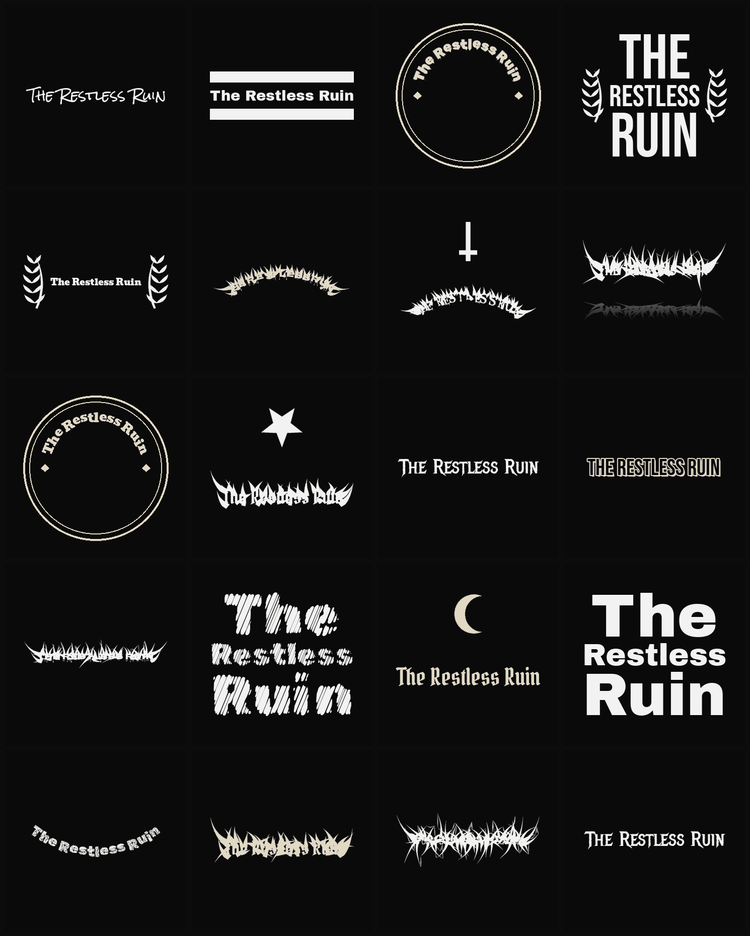 Twenty The Restless Ruin band logo ideas — different faces, treatments and spike settings